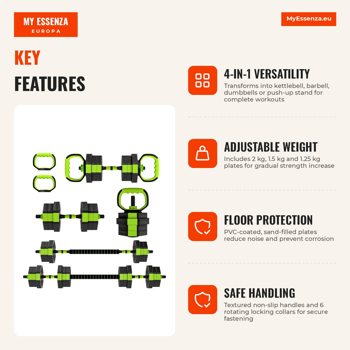 Conjunto de Halteres Ajustáveis 4 em 1 20 kg Conjunto de Pesos Utilizado como Kettlebell Barra Halteres ou Suporte para Flexões Equipamento de Fitness — Infografia | Infographic — dimensions