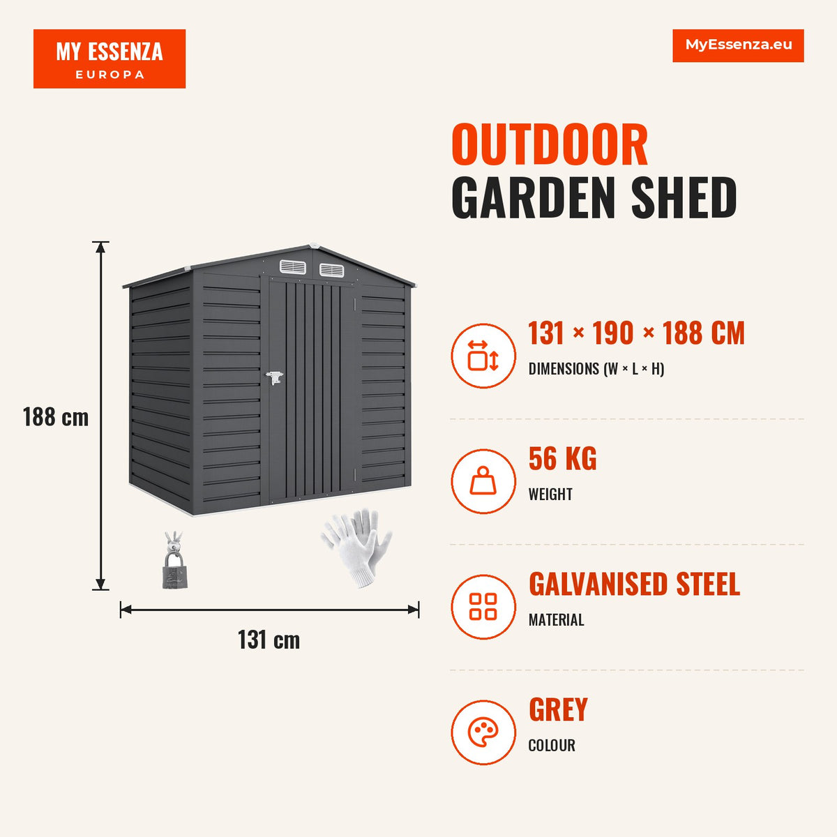 Abrigo de Jardim Exterior 2,27 m² 190x131x188 cm Abrigo Metálico com 2 Ventilações Porta com Fechadura para Armazenamento de Ferramentas Cinza — Infografia | Infographic — dimensions
