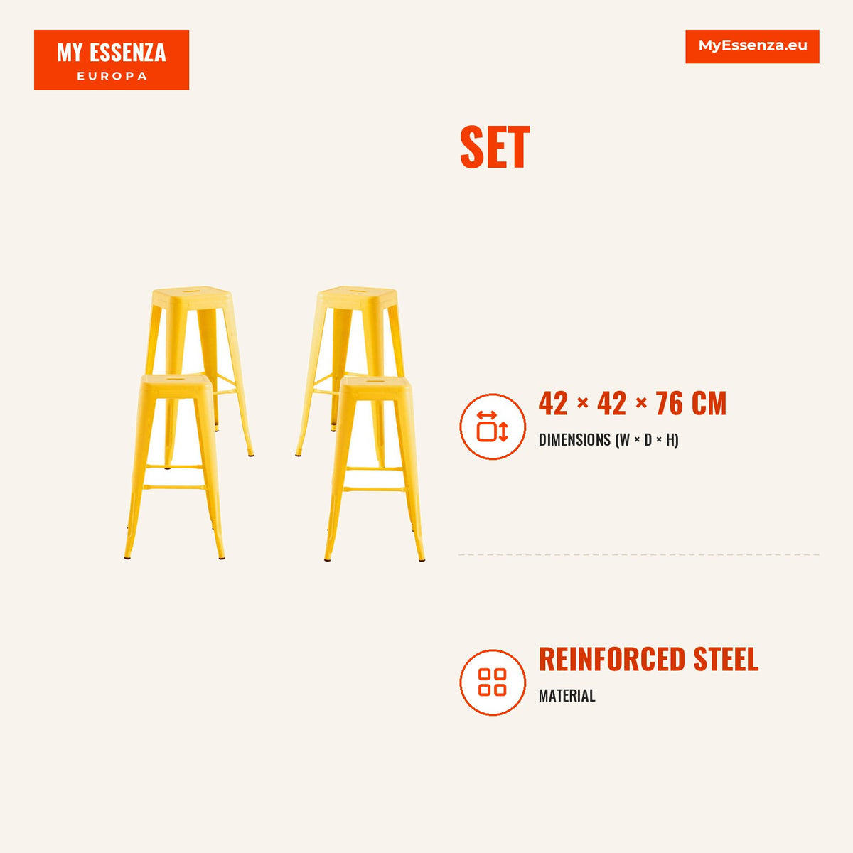 Pack 4 Bancos Meyer Altos 76 cm — Quartzo Amarelo — Infografia | Infographic — dimensions