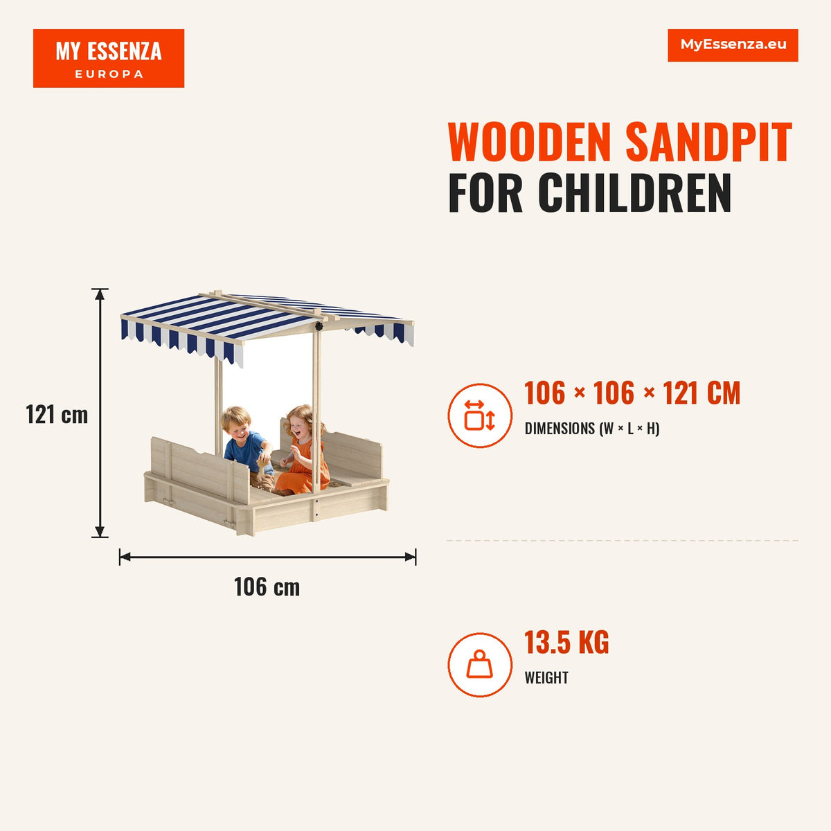 Caixa de Areia de Madeira para Crianças acima de 3 Anos com Banco Toldo Ajustável Removível 106x106x121cm Carga 50kg Madeira — Infografia | Infographic — dimensions