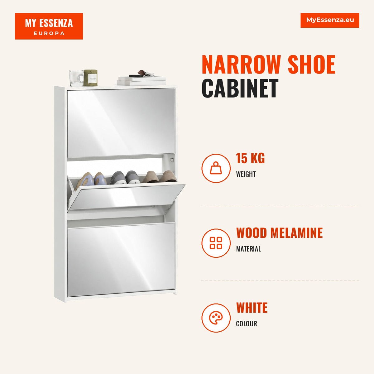 Sapateira Estreita 3 Portas com Espelho Sapateira para Entrada Corredor Para 9 Pares de Sapatos Para Corredor Espaços Reduzidos 65x17x114,5 cm Branco — Infografia | Infographic — dimensions