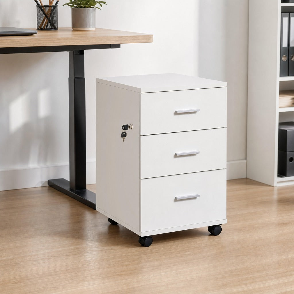 Bloco de Gavetas para Escritório Móvel de Arquivos com 3 Gavetas 4 Rodas e Fechadura com 2 Chaves para Escritório Secretária Casa 40x40x61,5 cm Branco — Ambiente | Lifestyle