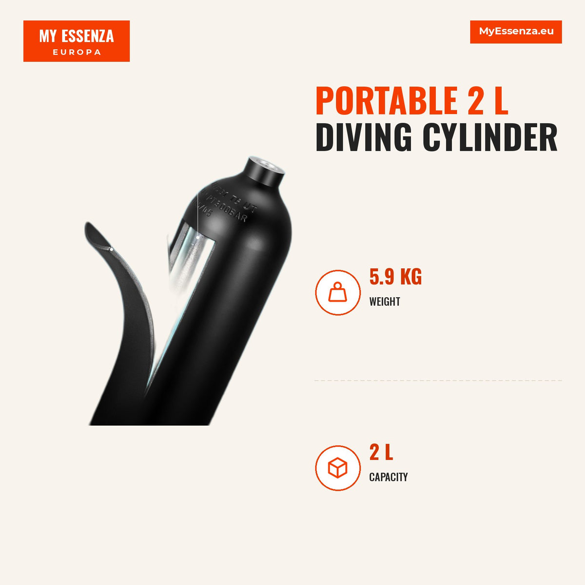 Botija de mergulho portátil 2 L, alumínio, até 35 min de respiração — Infografia | Infographic — dimensions