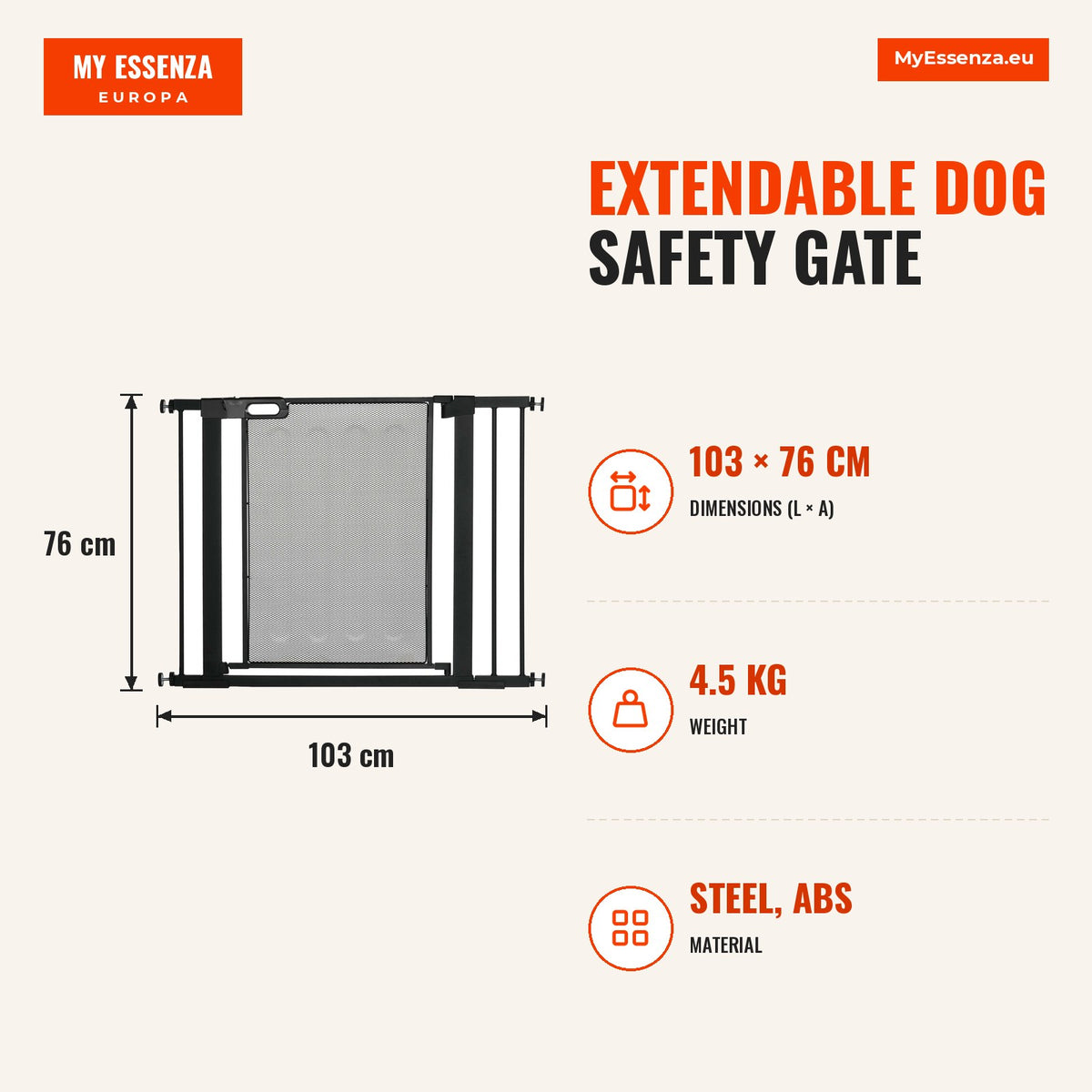 Barreira de Segurança para Cães Extensível 75-103 cm Barreira para Escada e Portas com 2 Extensões Duplo Bloqueio Fechamento Automático Preto — Infografia | Infographic — dimensions
