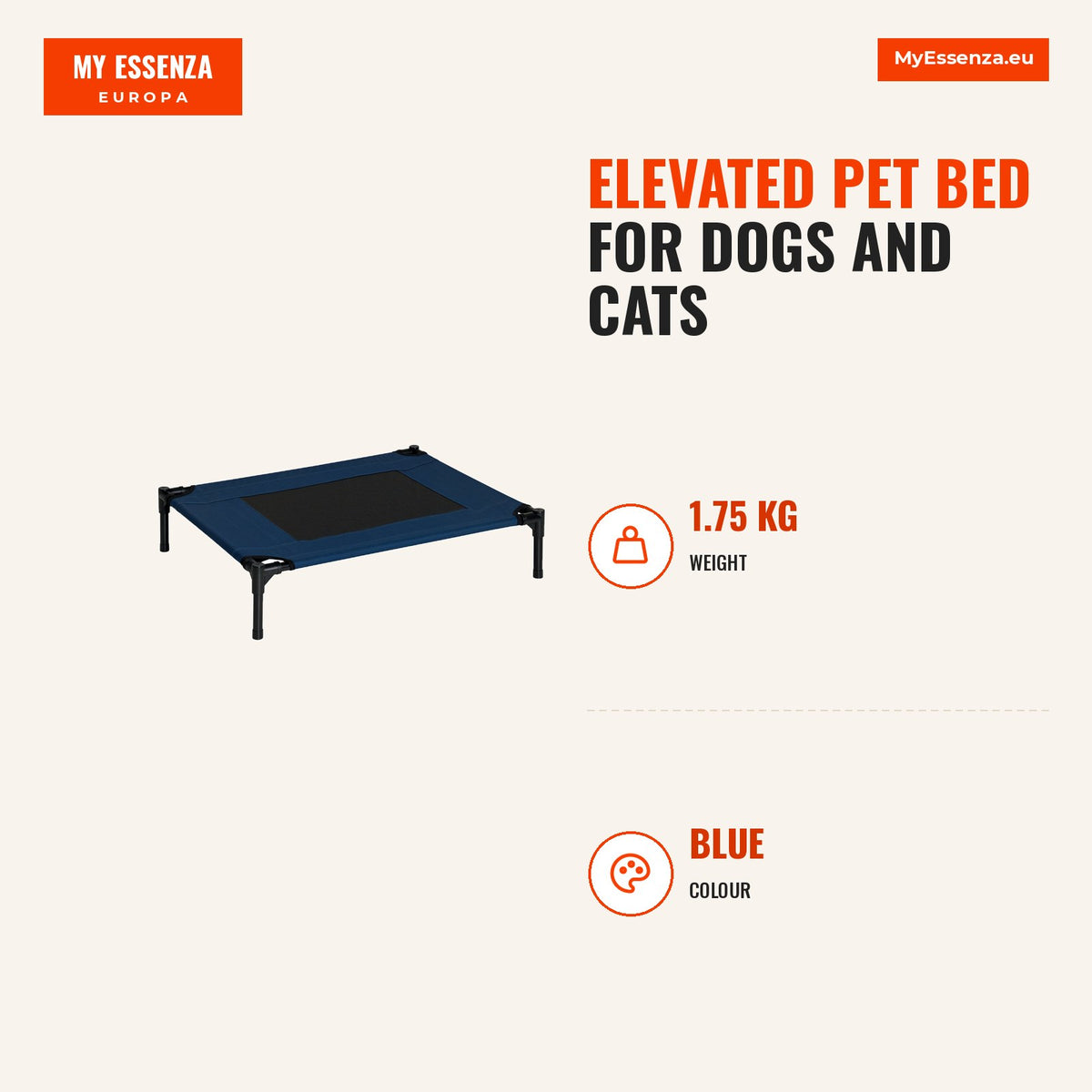 Cama para Animais de Estimação Cama Elevada para Cães Gatos com Tecido Transpirável para Dormir Exterior Jardim Terraço 76x61x18cm Azul — Infografia | Infographic — dimensions