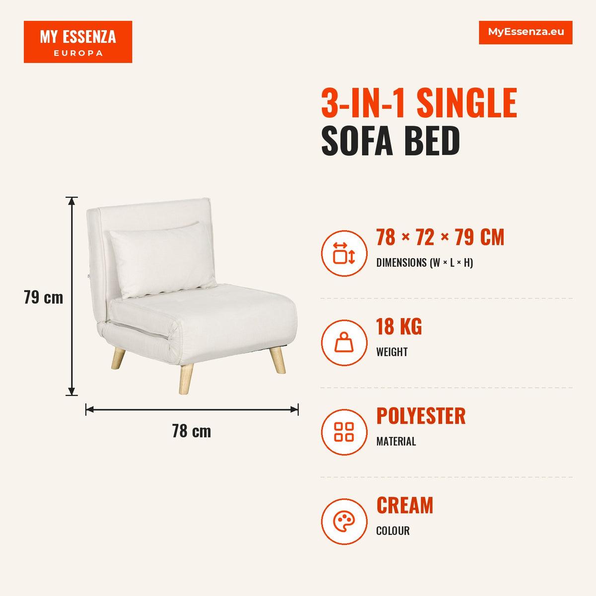 Sofá Cama Individual 3 em 1, Poltrona Cama Dobrável Estofada em Linho Sintético, com Encosto Ajustável em 6 Níveis, Almofada, Assento Largo, Pés de Ma — Infografia | Infographic — dimensions