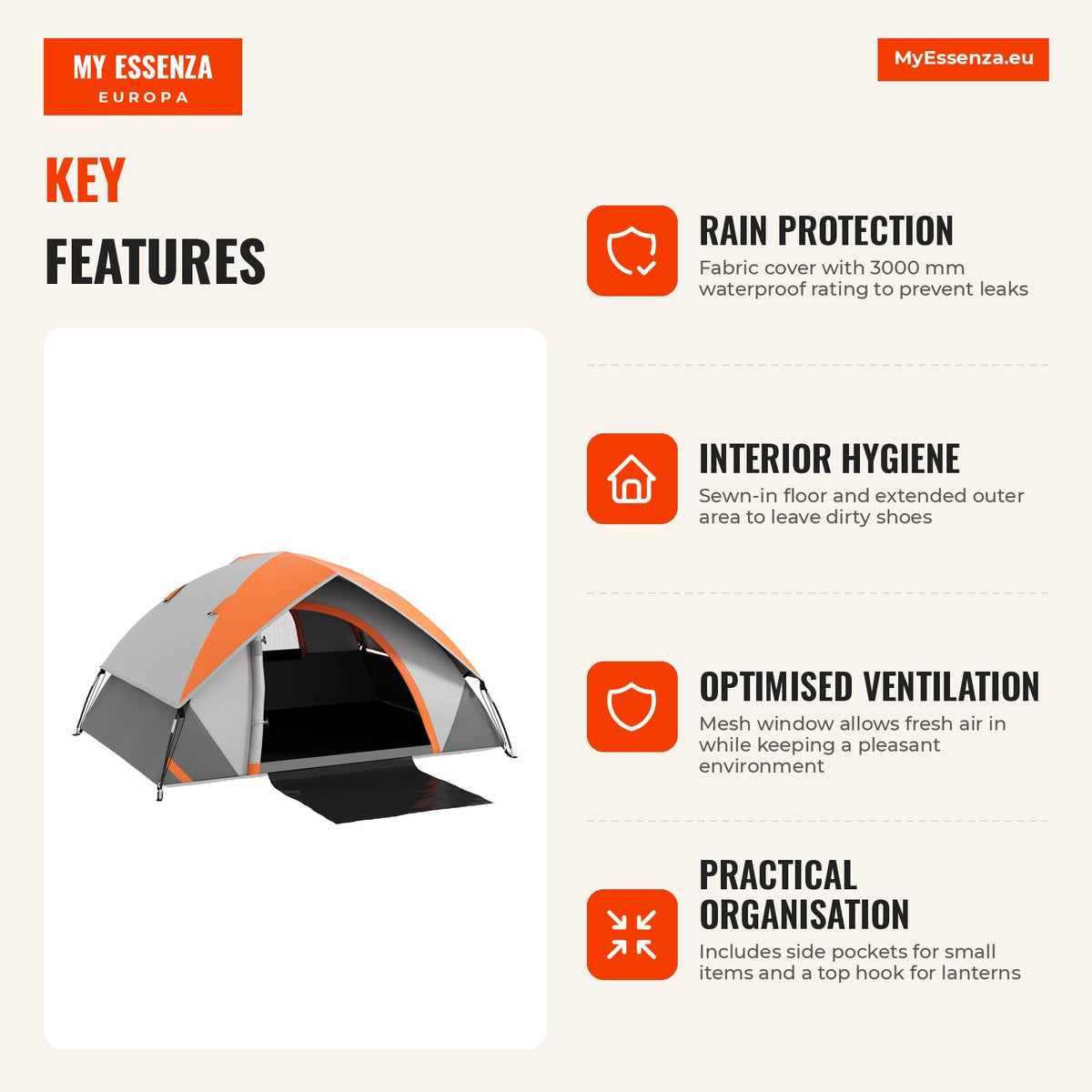 Tenda de Campismo para 1-2 Pessoas Tenda de Campismo Dobrável com Janela e Bolsa de Transporte Impermeável 3000 mm 210x150x110 cm Laranja — Infografia | Infographic — dimensions