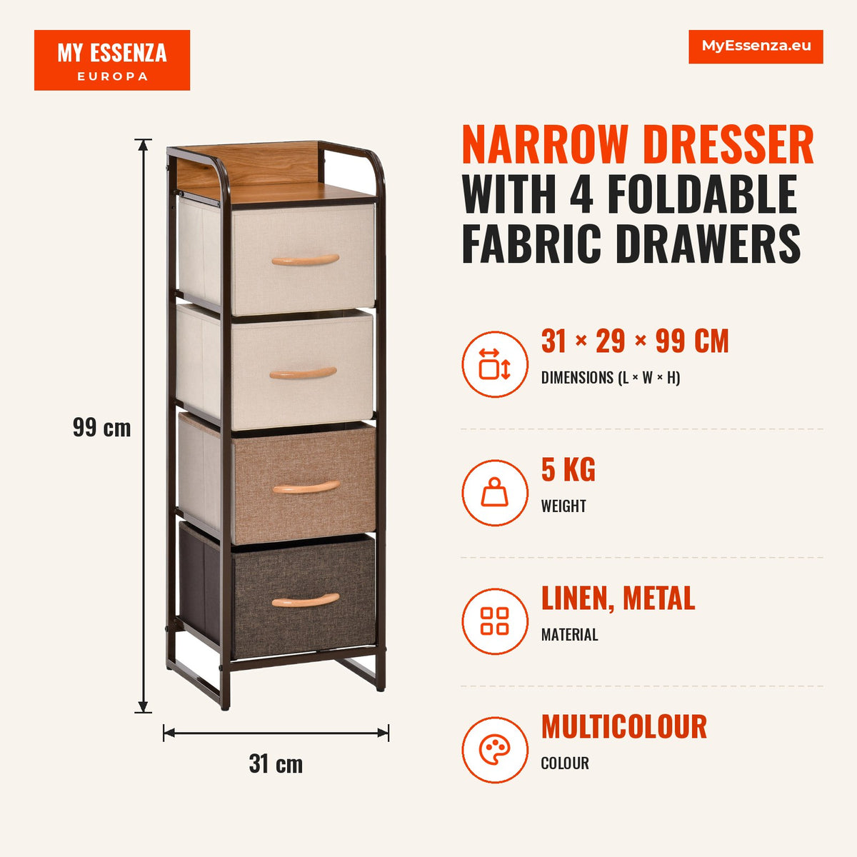 Cómoda com 4 Gavetas de Tecido Dobráveis, Cómoda Estreita para Quarto com Estrutura Metálica, Móvel para Espaços Pequenos, Sala de Estar, Closet, Casa — Infografia | Infographic — dimensions