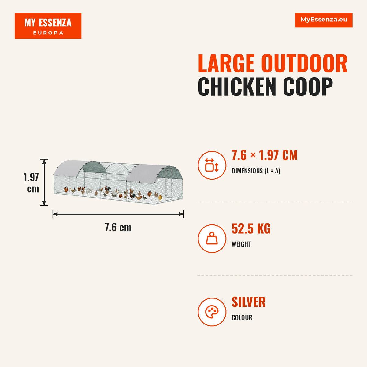 Galinheiro para Exterior Grande 2,8x7,60x1,97 m Galinheiro para 16-24 Galinhas de Aço Galvanizado com Teto de Tecido Oxford para Coelhos Aves Prata — Infografia | Infographic — dimensions