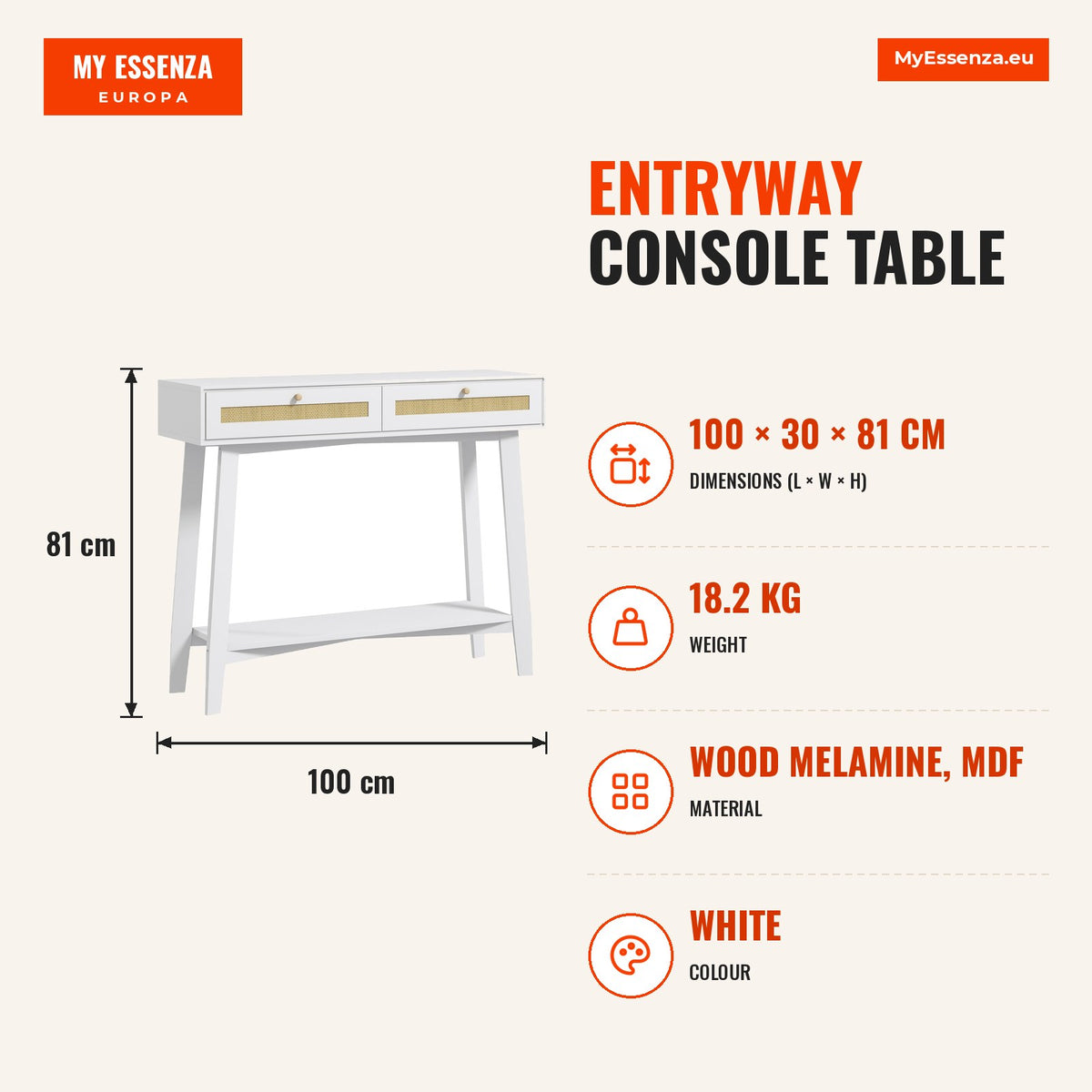 Mesa Consola para Entrada Mesa de Entrada com 2 Gavetas de Desenho de Vime e Prateleira Aberta para Sala Corredor 100x30x81 cm Branco — Infografia | Infographic — dimensions