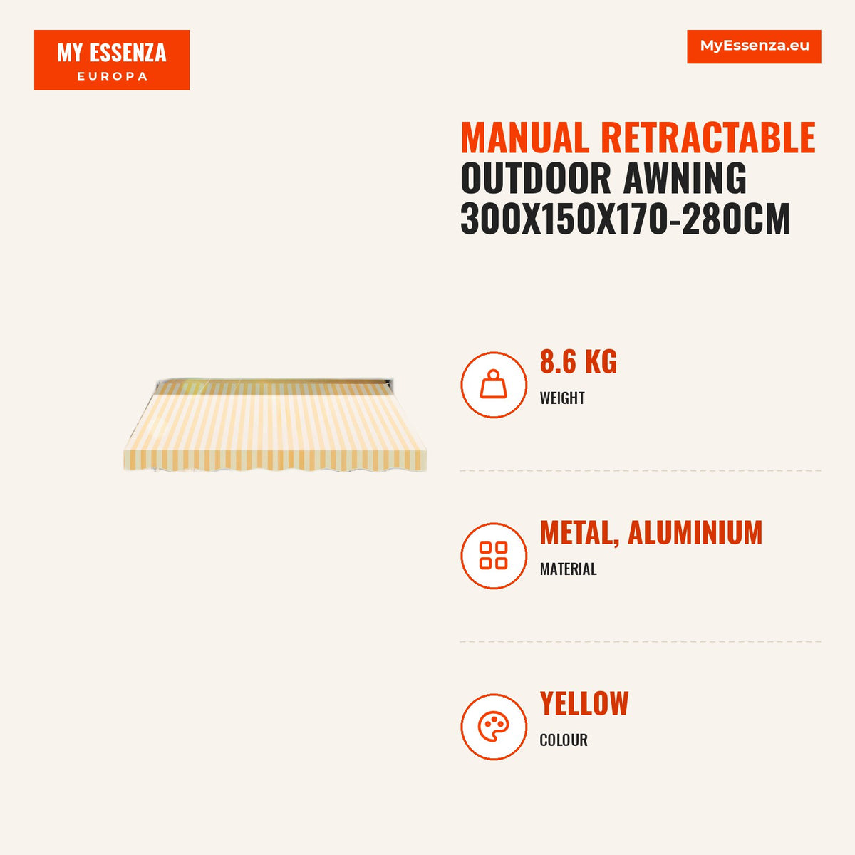 Toldo Manual Retrátil para Exterior 300x150x170-280cm Toldo Enrolável Altura Ajustável com Manivela Proteção Solar para Terraço Balcão Jardim Amarelo — Infografia | Infographic — dimensions