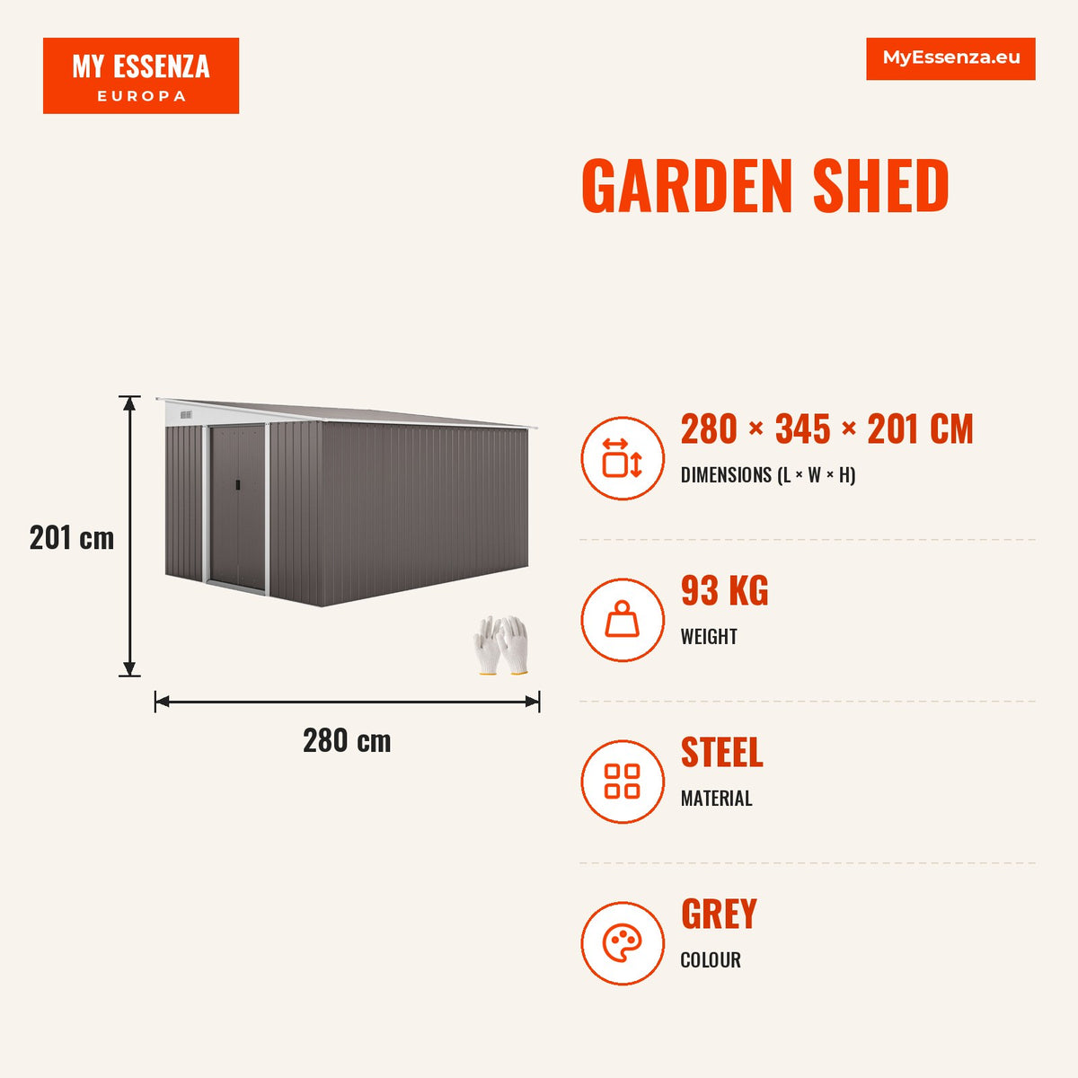 Abrigo de Jardim 280x345x201 cm 8,9 m² Abrigo de Exterior de Aço para Armazenamento de Ferramentas com Portas e 2 Janelas Cinza — Infografia | Infographic — dimensions