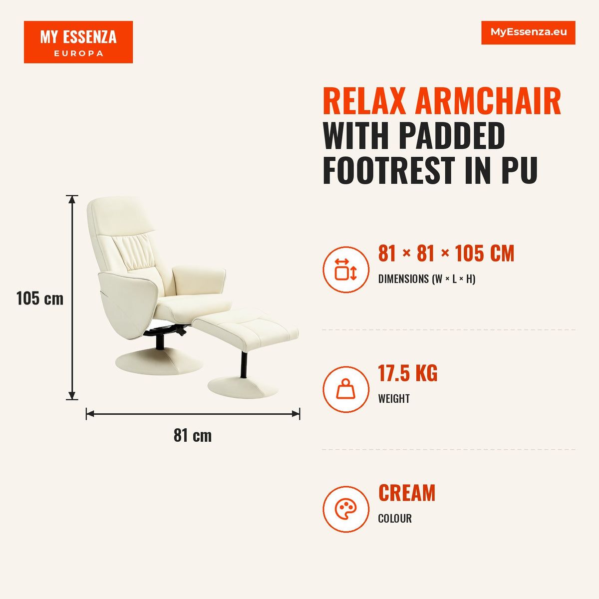 Poltrona Relax com Apoio para os Pés Estofada em PU Poltrona Relax Reclinável até 145° e Giratório 360° com Encosto Ajustável para Sala de Estar Dormi — Infografia | Infographic — dimensions