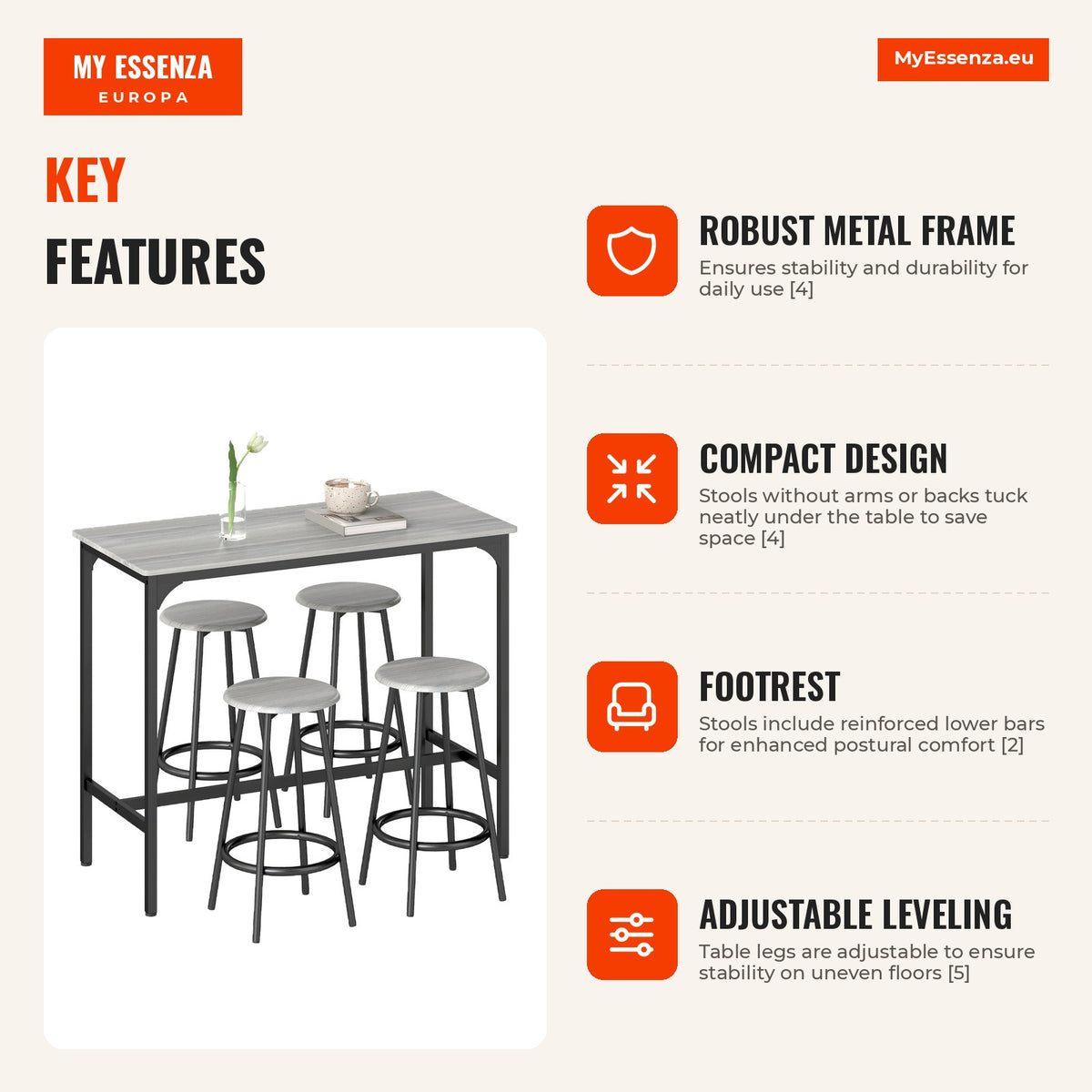 Conjunto de Móveis Altos Mesa e Cadeiras de Bar com 5 Peças Mesa de Refeição Industrial e 4 Bancos Redondos com Estrutura de Metal para Pub Sala de Ja — Infografia | Infographic — dimensions