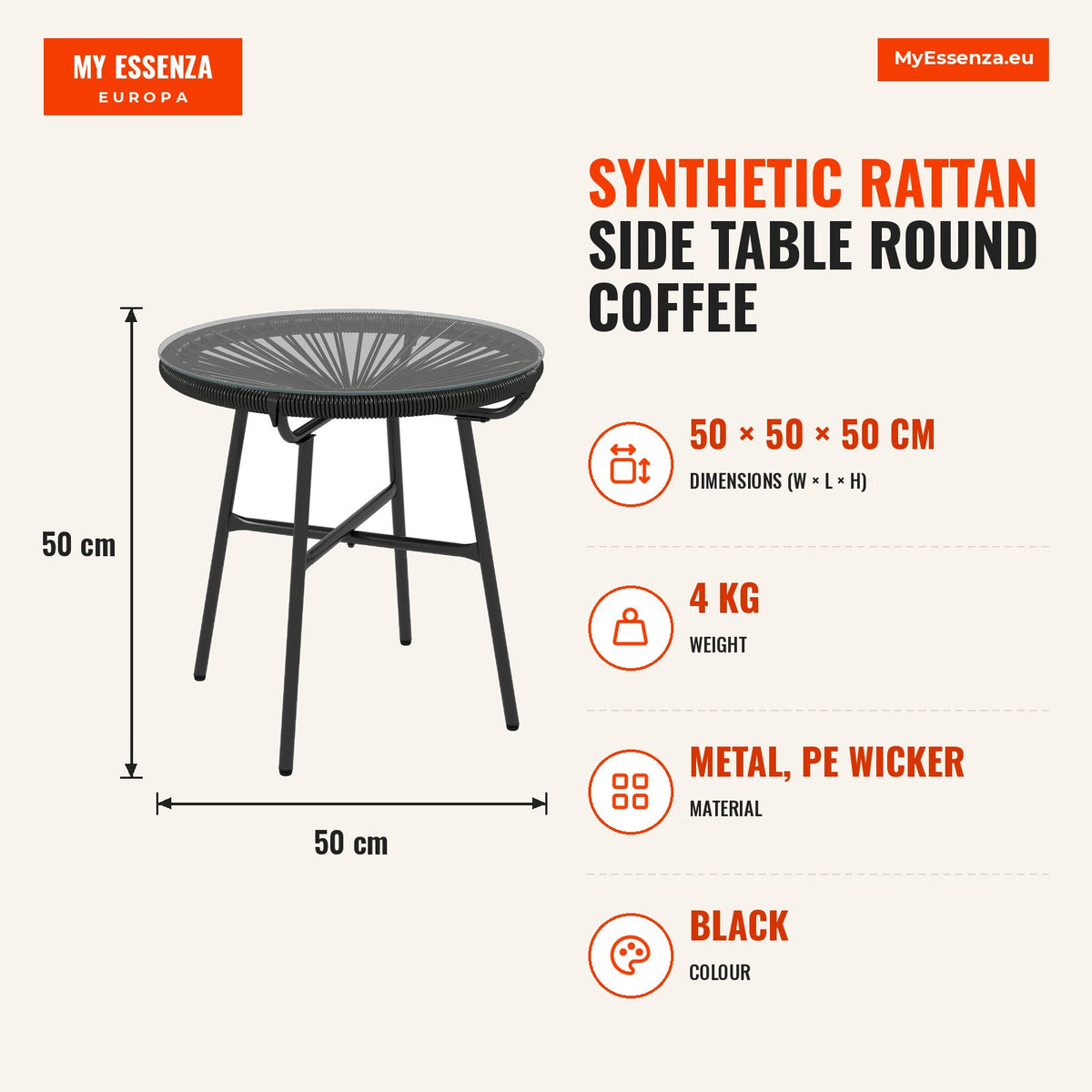 Mesa Auxiliar de Vime Sintético Mesa de Centro Redonda para Exteriores com Bancada de Vidro Temperado e Pés de Metal para Pátio Jardim Varanda Ø50x50  — Infografia | Infographic — dimensions