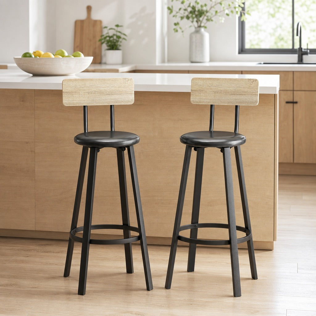 Conjunto de 2 Bancos de Bar Bancos Altos de Cozinha com Encosto e Apoio para Pés Estofados em PU Assento com 75,5 cm de Altura Fácil Montagem Estilo Industrial 41,5x36,5x99,5 cm — Ambiente | Lifestyle