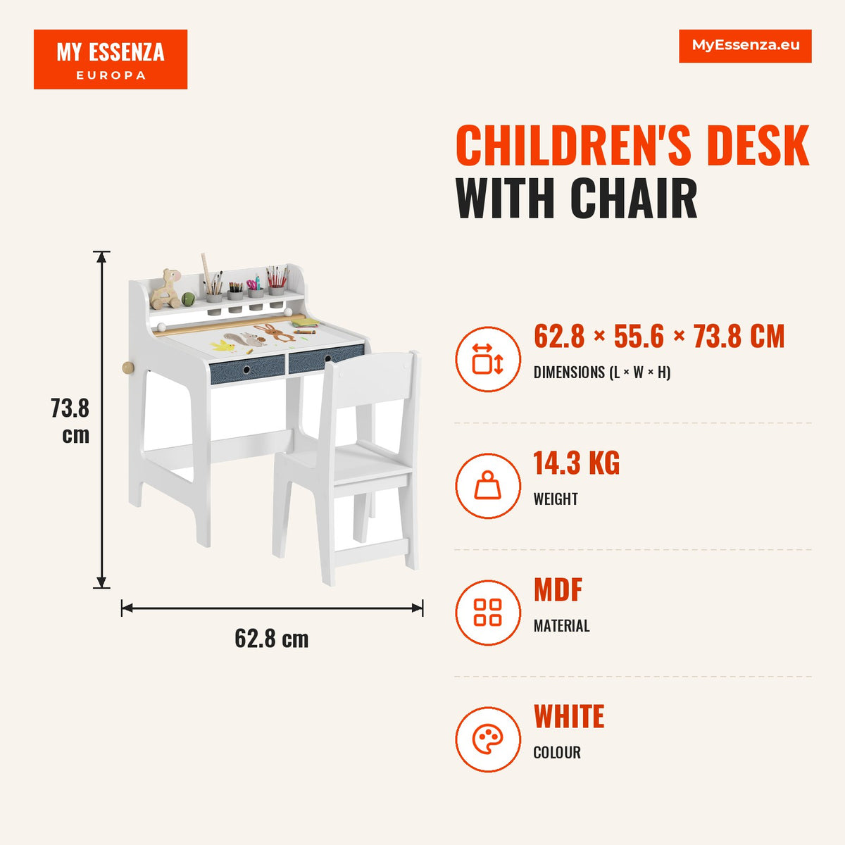 Secretária Infantil com Cadeira Secretária para Crianças com 2 Gavetas Extraíveis Estante e Porta-Copos para Estudar Ler e Desenhar Mesa para Crianças — Infografia | Infographic — dimensions