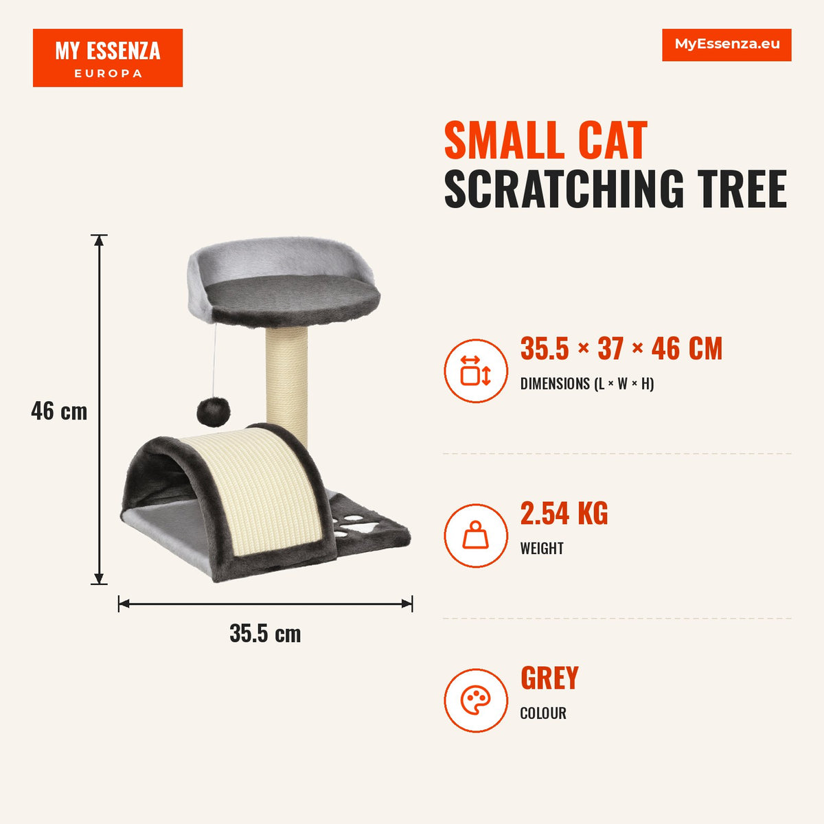Árvore Arranhador para Gatos Pequena Altura 46 cm de 2 Níveis com Poste e Tapete de Arranhar Cama e Bola Suspensa 35,5x37x46 cm Cinza — Infografia | Infographic — dimensions