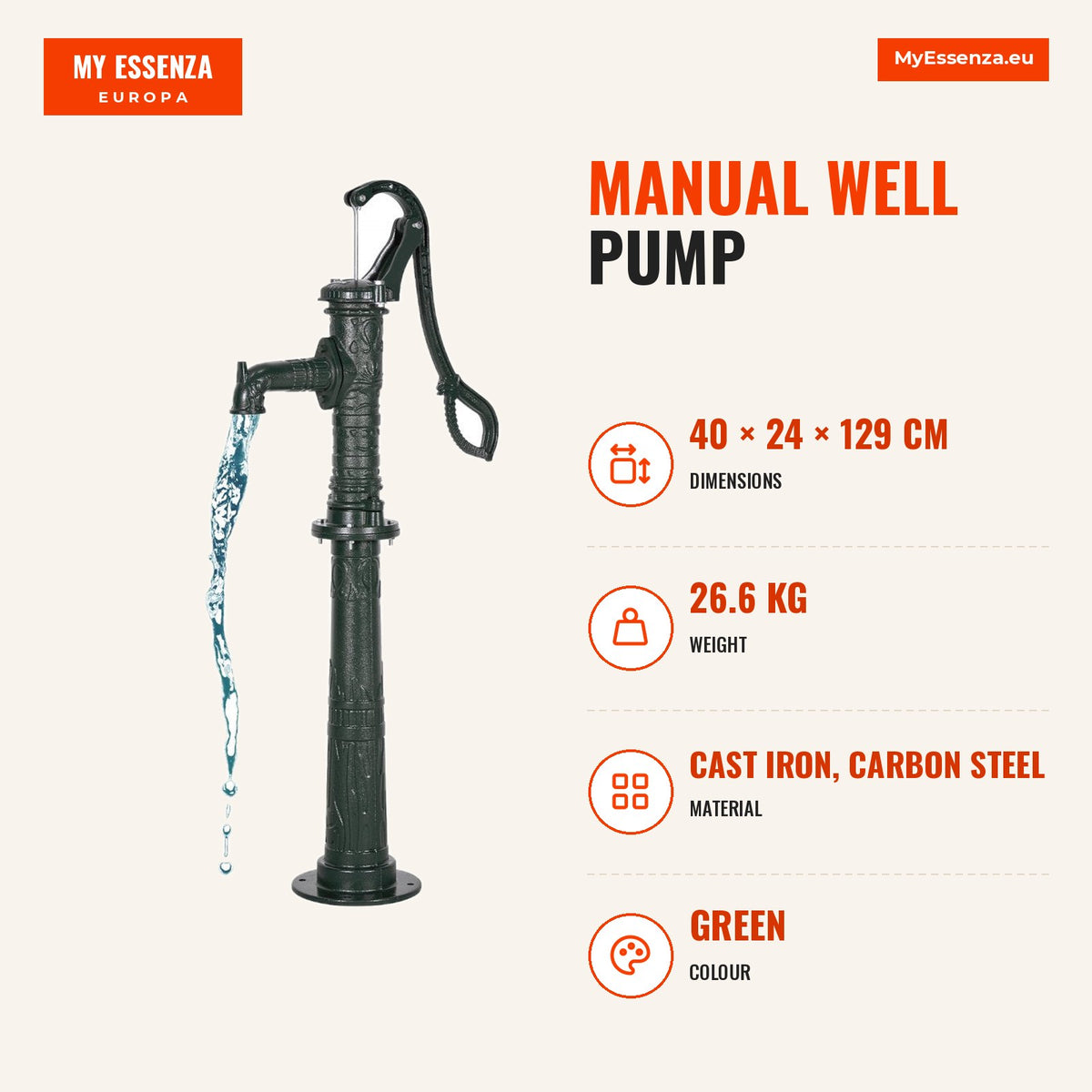 Bomba manual para poço, ferro fundido, altura 6 m, base elevada — Infografia | Infographic — dimensions
