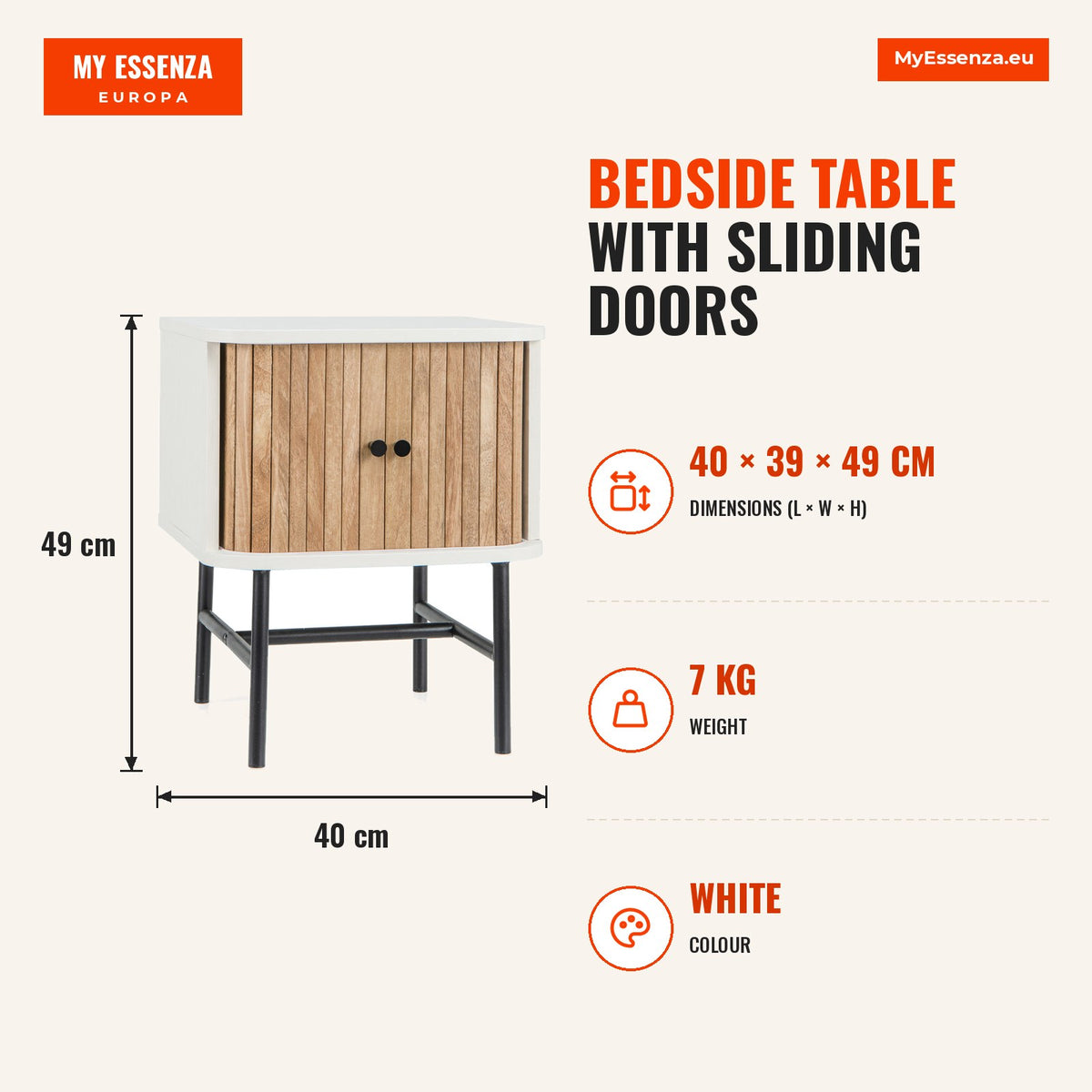 Mesita de Cabeceira com Portas Corredeiras 40x39x49 cm | Armário de Arrumação — Infografia | Infographic — dimensions