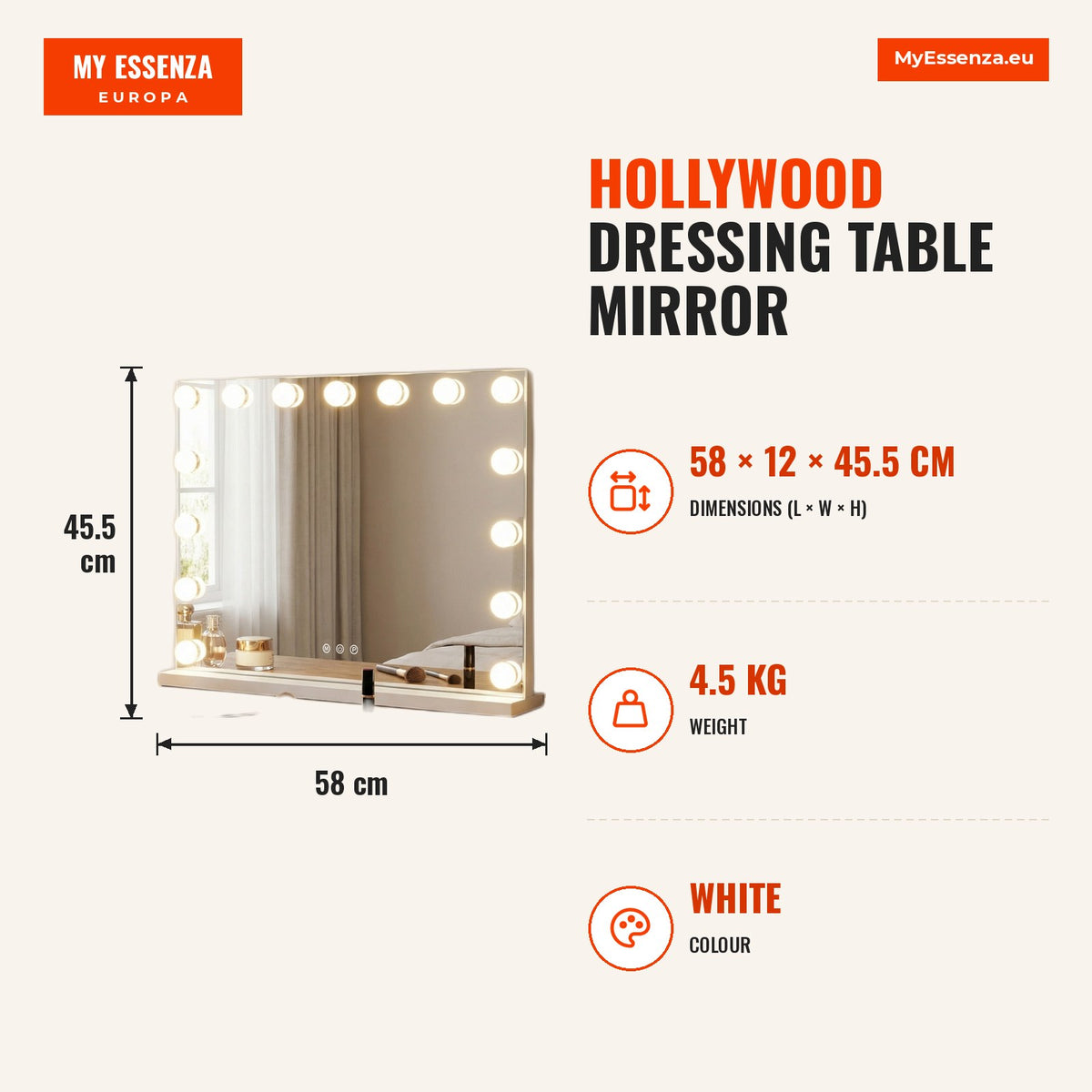 Espelho de Penteador 58 x 43 cm com Luzes Hollywood 3 Cores Controlo Táctil — Infografia | Infographic — dimensions