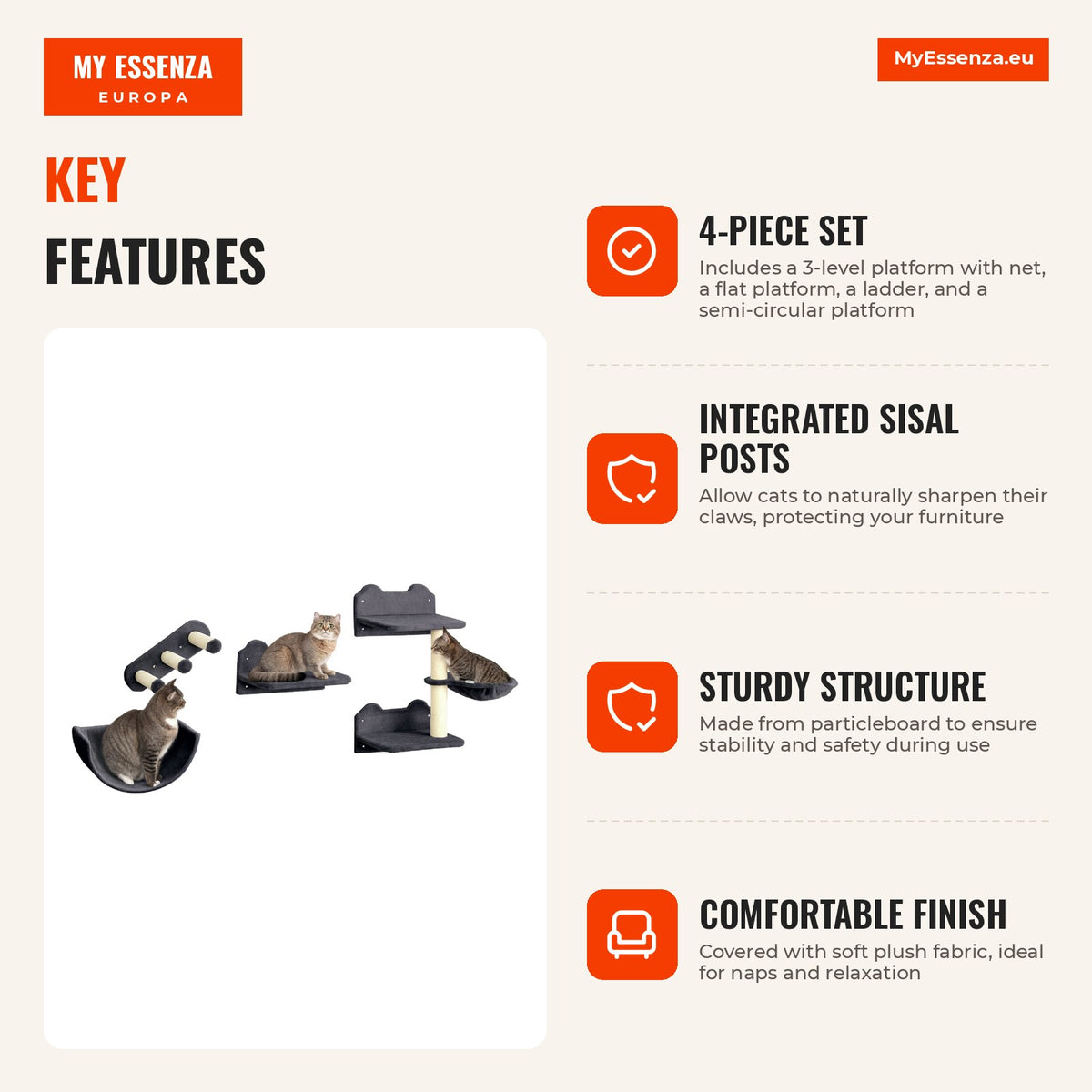 Prateleiras de Escalada para Gatos de Parede Conjunto de Prateleiras para Gatos 4 Peças com Rede Plataforma Semicircular Plataformas de Salto e Poste  — Infografia | Infographic — dimensions