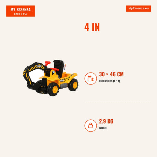 4 em 1 Escavadeira Brinquedo para Crianças Acima de 3 Anos Trator Infantil com Pá Caixa de Armazenamento Escondido Cesta de Basquete Volante Rotativo  — Infografia | Infographic — dimensions