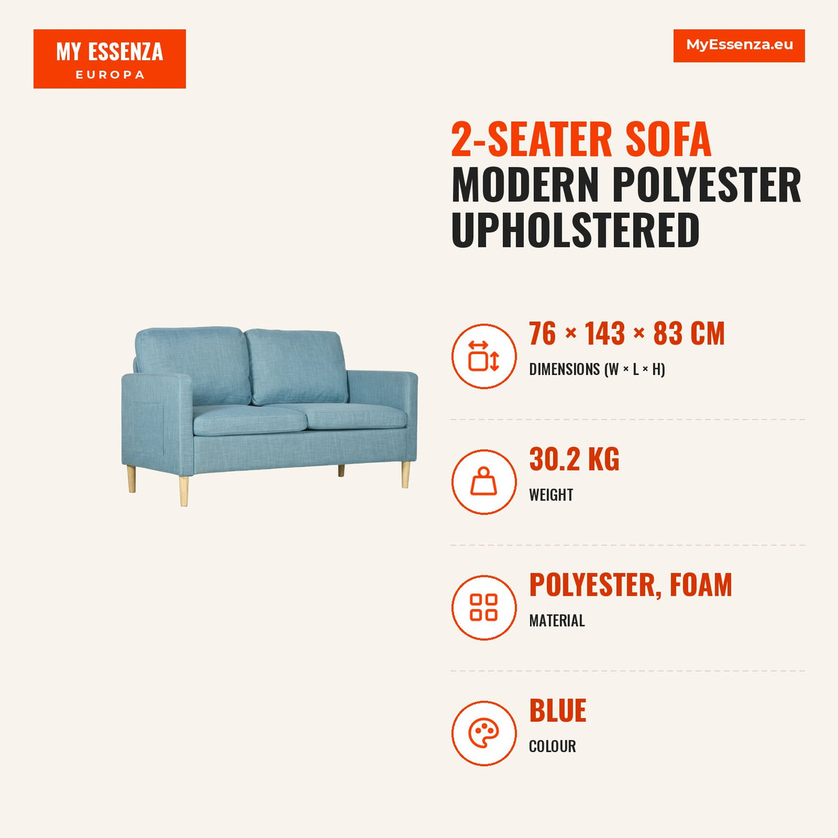 Sofá de 2 Lugares Sofá Moderno Estofado em Poliéster com 2 Bolsos Laterais Apoio para os braços e Pés de Madeira para Sala de Estar Escritório Carga 2 — Infografia | Infographic — dimensions
