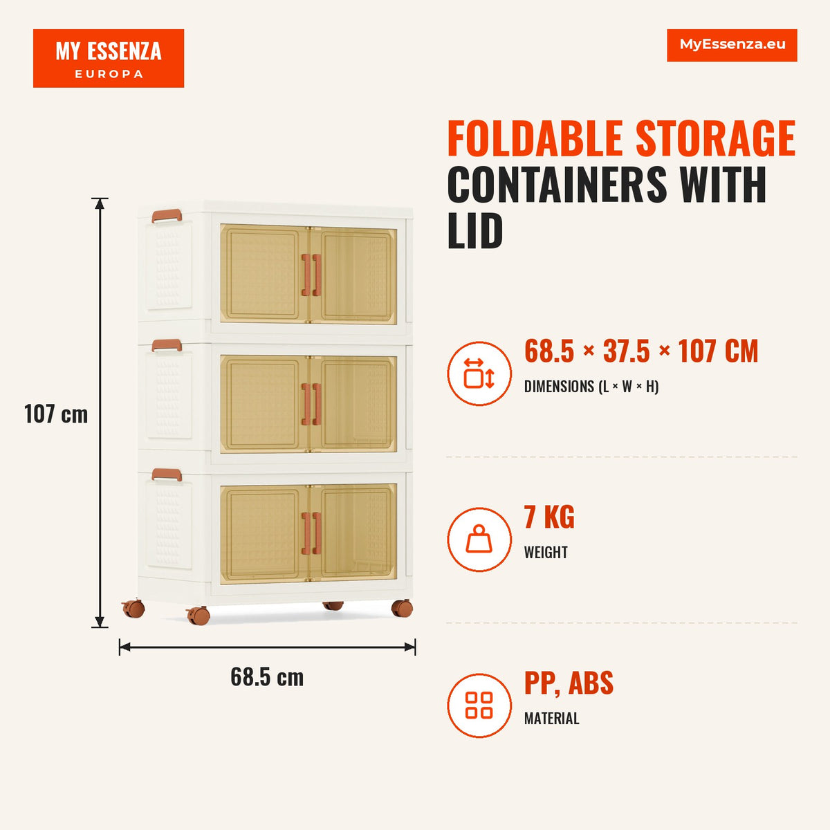 Contentores Dobráveis com Tampa 57-280 L Pack 3/4 Caixas Armazenamento Empilháveis Rodas Branco — Infografia | Infographic — dimensions