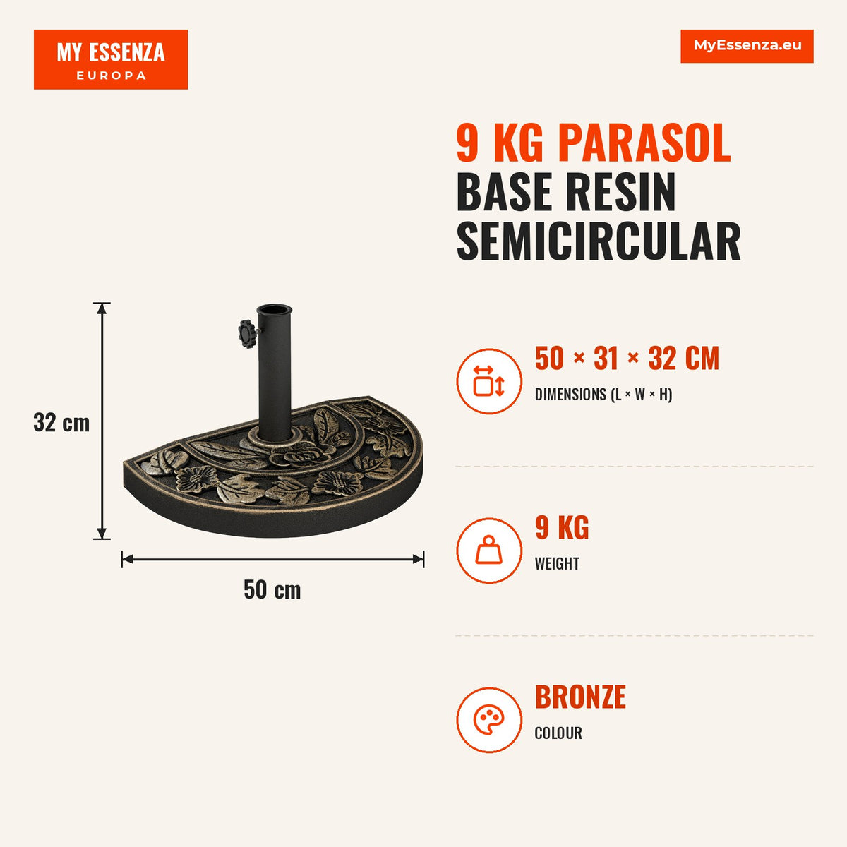Base para Chapéu de Sol Peso 9 kg Base para Chapéu de Sol de Resina em Forma Semicircular para Mastros de Ø3,8 cm e Ø4,8 cm para Varanda Pátio Jardim  — Infografia | Infographic — dimensions