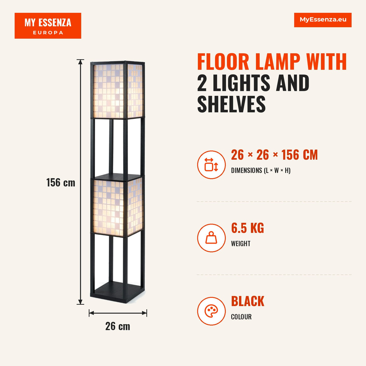 Luminária de Pé com 2 Luzes e Prateleiras - Design Moderno em Madeira — Infografia | Infographic — dimensions