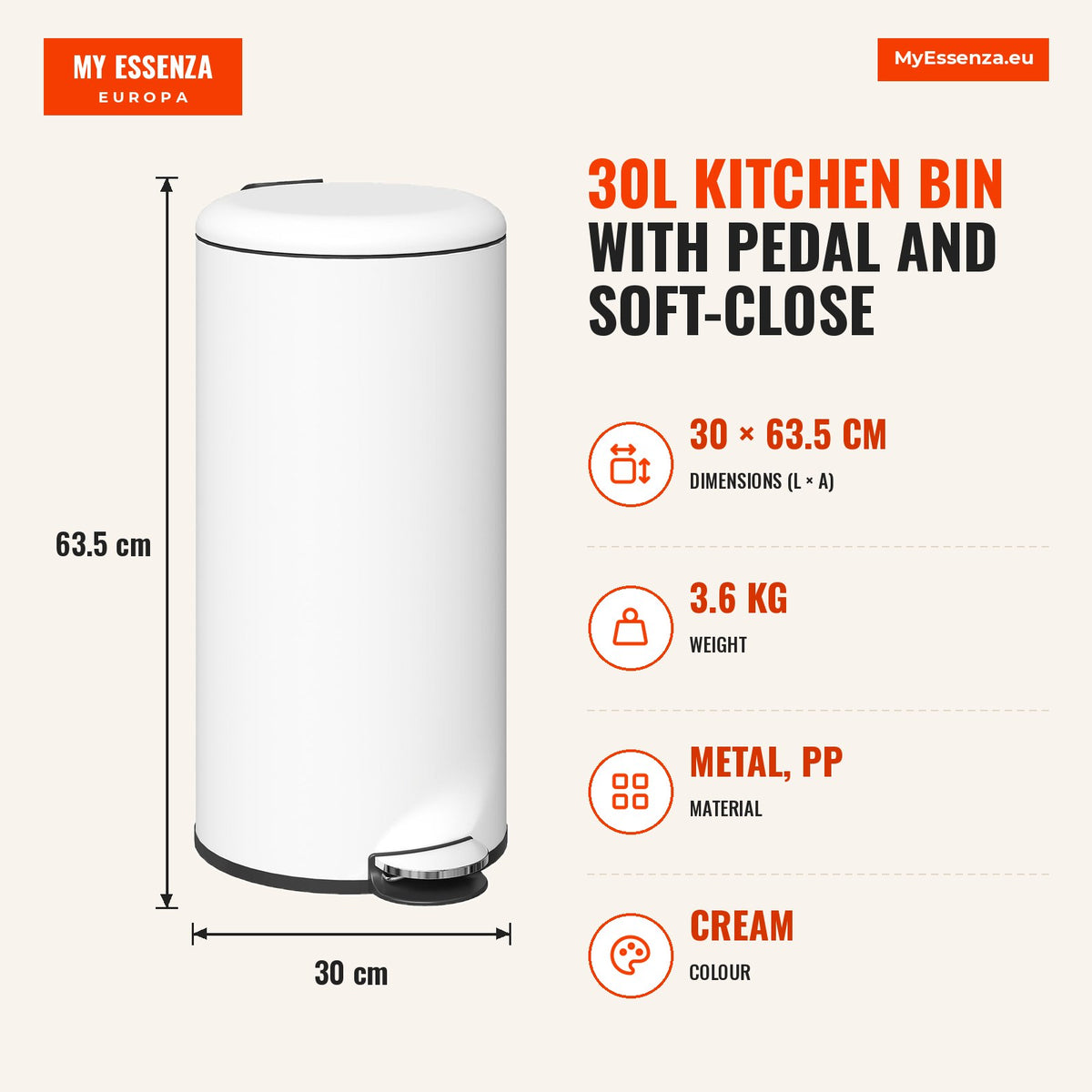 Balde de Lixo para Cozinha 30L Cubo de Lixo com Pedal Tampa com Fechamento Suave e Cubo Amovível para Escritório Estúdio Creme — Infografia | Infographic — dimensions