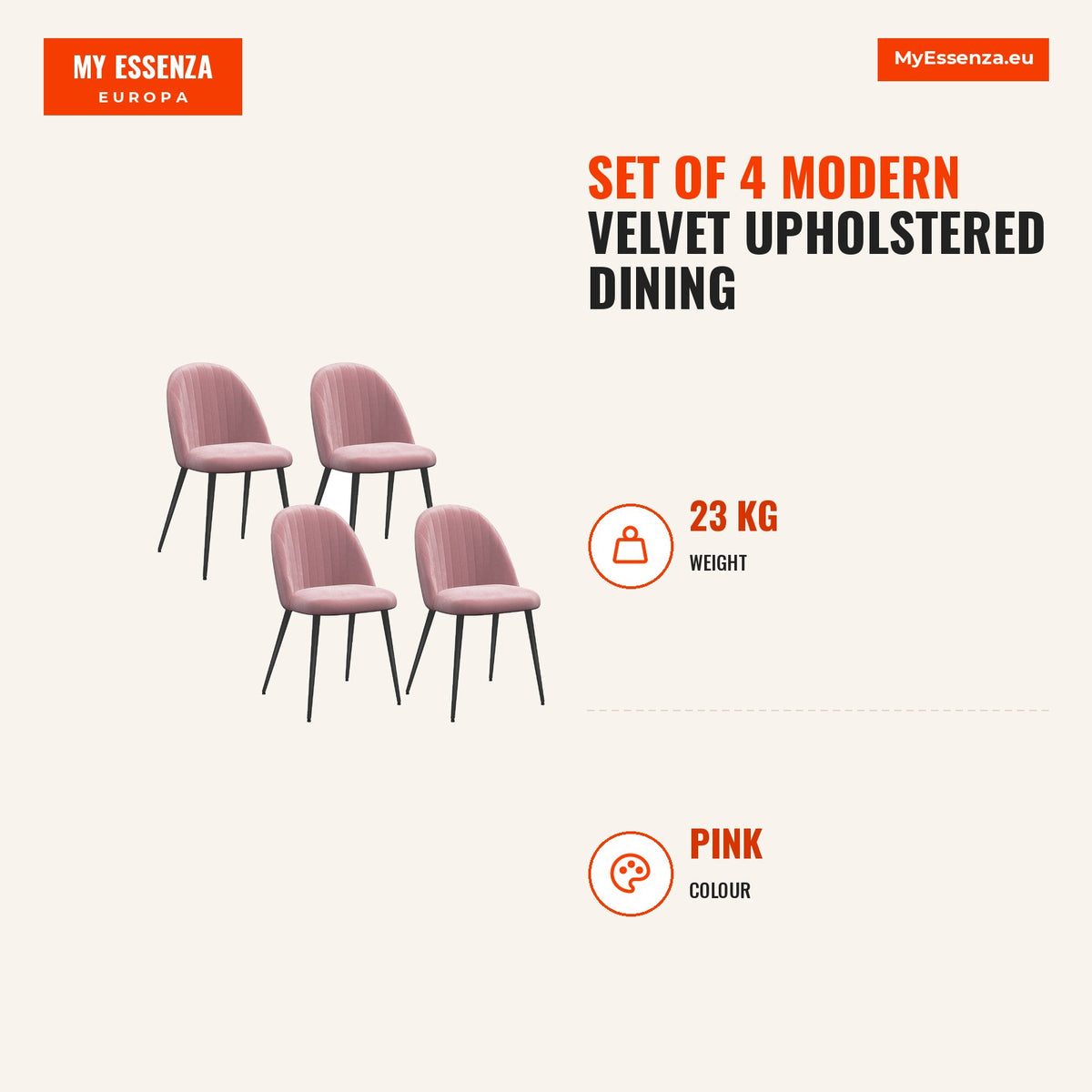 Conjunto de 4 Cadeiras de Sala de Jantar Modernas Cadeiras Estofadas em Veludo com Encosto Alto e Pés de Aço para Sala de Estar 50x52x83 cm Rosa — Infografia | Infographic — dimensions