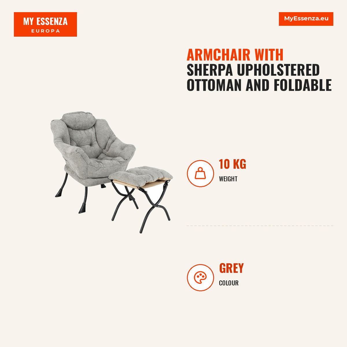 Poltrona com Otomana Estofada em Sherpa com Reposapiés Dobrável para Sala e Quarto Cinzento — Infografia | Infographic — dimensions