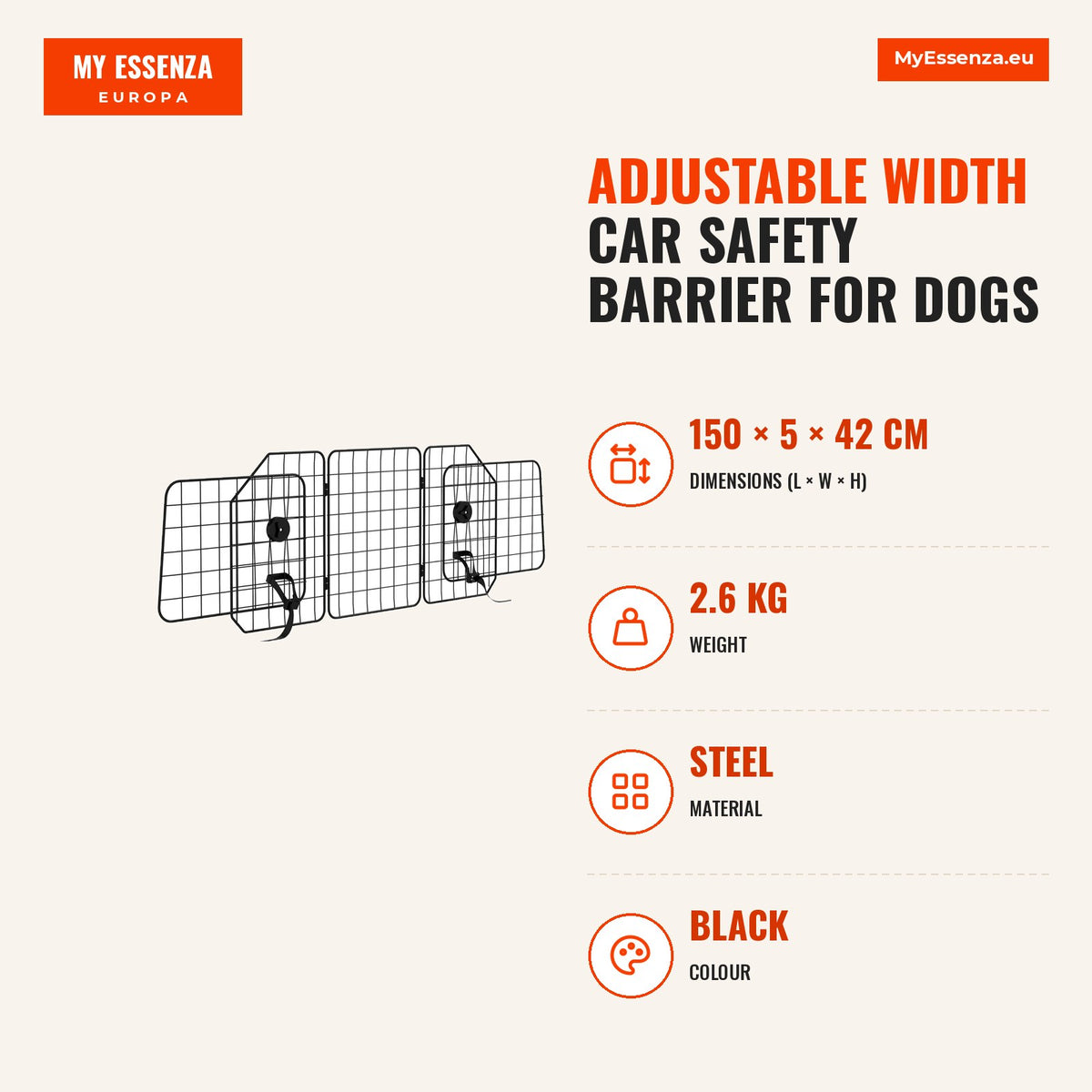 Barreira Protetora de Carro para Cães com Largura Ajustável Grade para Cães de Carro Dobrável de Aço 93-150x42 cm Preto — Infografia | Infographic — dimensions