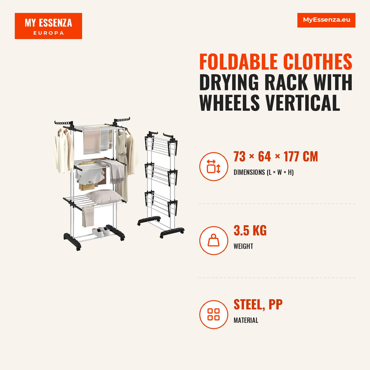 Estendal Dobrável para Roupa com Rodas Estendal Vertical de Aço com 3 Níveis Laterais Dobráveis Carga Máxima 70kg 73x64x177cm Preto e Branco — Infografia | Infographic — dimensions