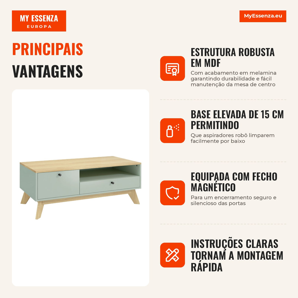 Mesa de Centro para Sala Mesa Lateral Retangular com Gaveta Porta e Compartimento Aberto Verde Claro e Carvalho — infografia 1