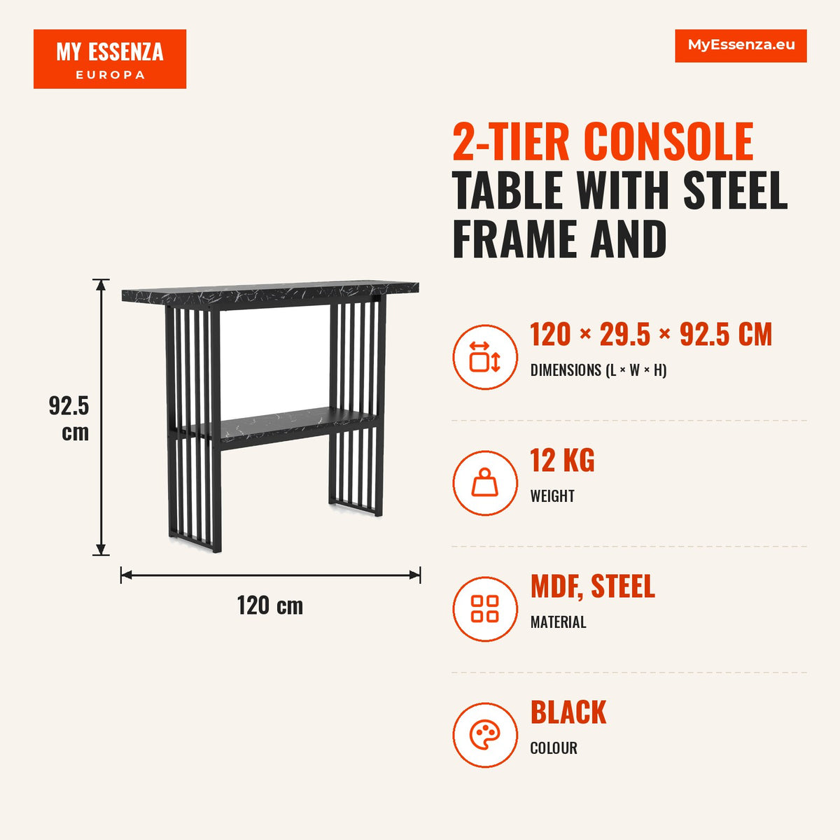 Mesa Consola de 2 Níveis com Estrutura em Aço e Tampo em MDF 120 x 29,5 x 92,5 cm – Preto — Infografia | Infographic — dimensions