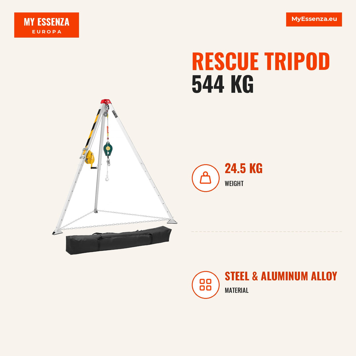 Tripé resgate 544 kg, cabo 19,8 m, altura 1,34-2,15 m — Infografia | Infographic — dimensions