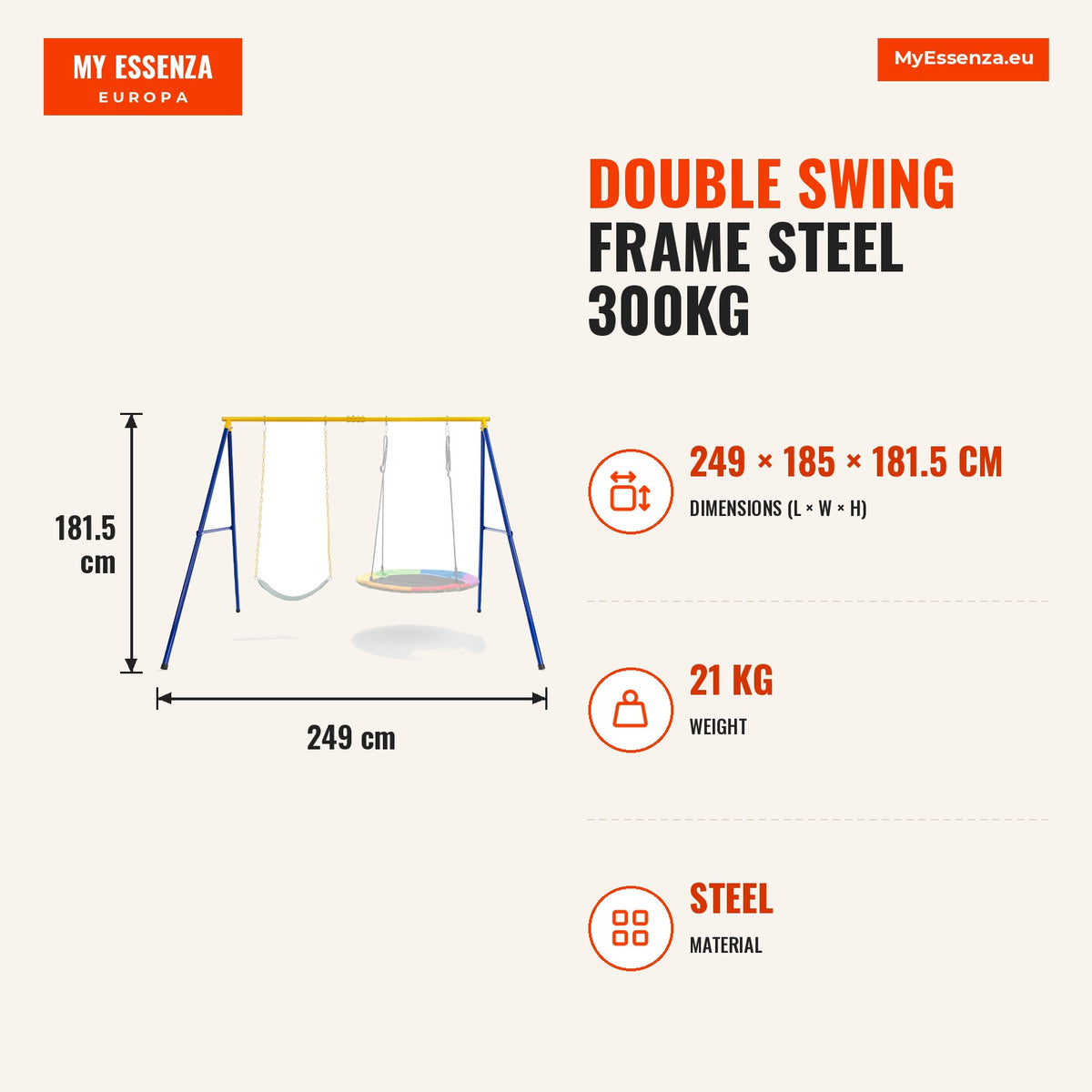 Estrutura Baloiços Duplos Aço 300kg - Base Forma A para Jardim e Pátio — Infografia | Infographic — dimensions