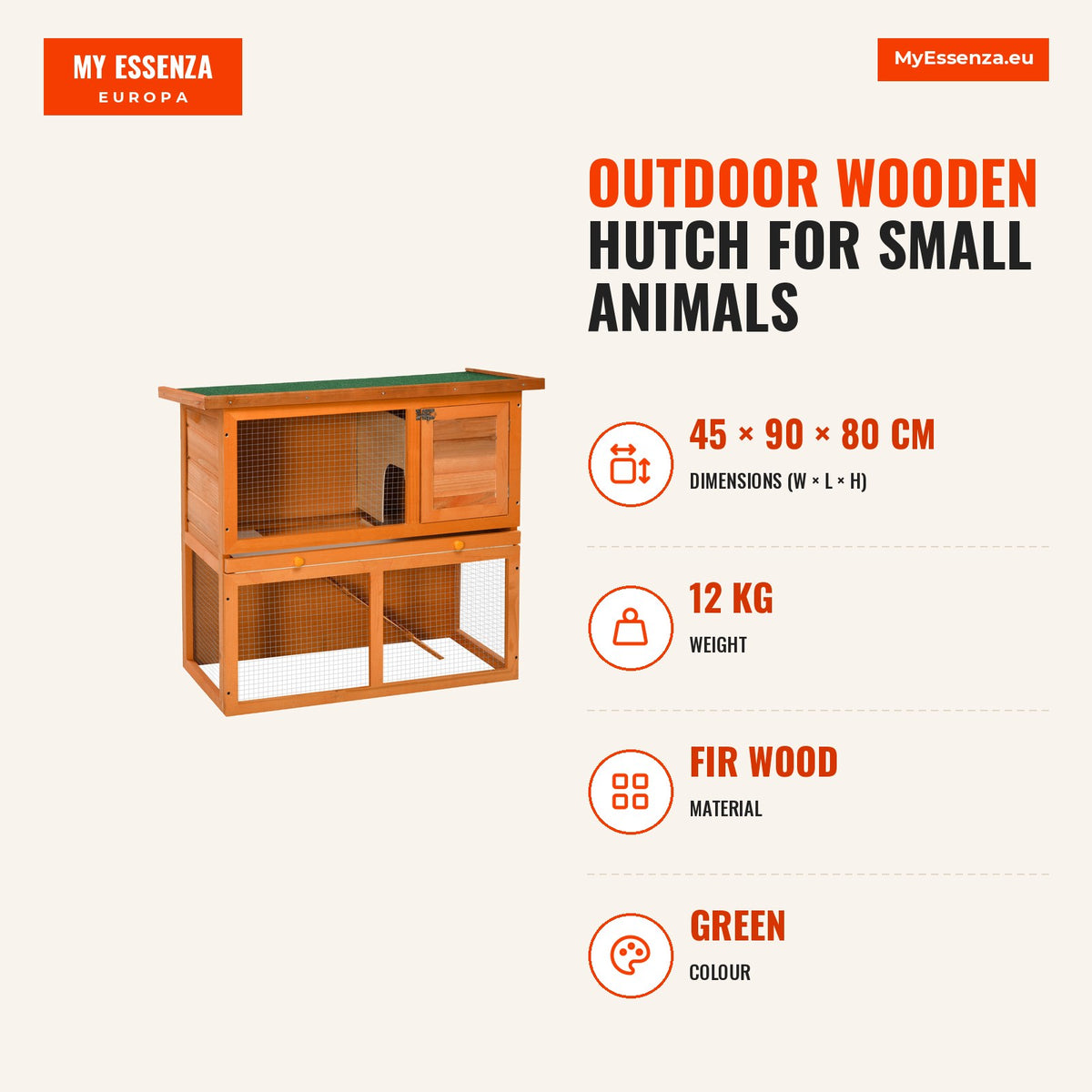 Coelheira de Exterior de Madeira para Animais Pequenos 2 Níveis com Rampa Teto Asfáltico e Porta com Trava 90x45x80 cm Madeira e Verde — Infografia | Infographic — dimensions