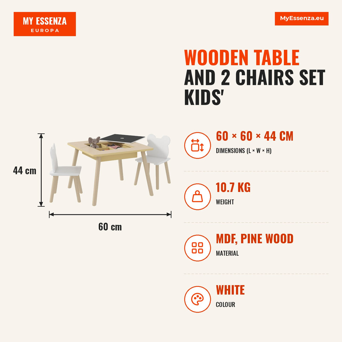 Conjunto de Mesa e 2 Cadeiras de Madeira Mesa Infantil com Cadeiras com Encosto em Forma de Ursinho e Compartimentos Ocultos para Crianças para Escola — Infografia | Infographic — dimensions