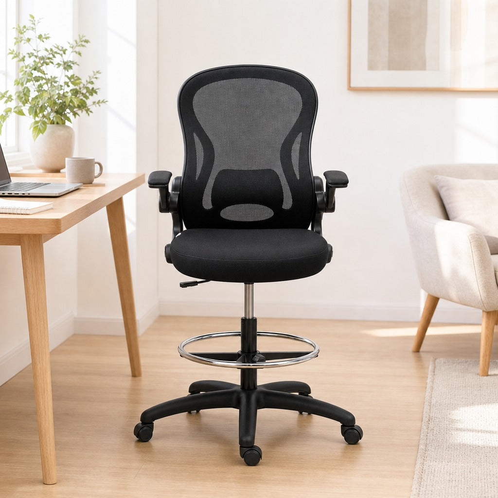 Cadeira de Escritório com Encosto Médio Suporte Lombar Apoio para os Braços Dobrável e Altura Ajustável Carga Máxima 120kg 59x65x102-122 cm Preto — Ambiente | Lifestyle