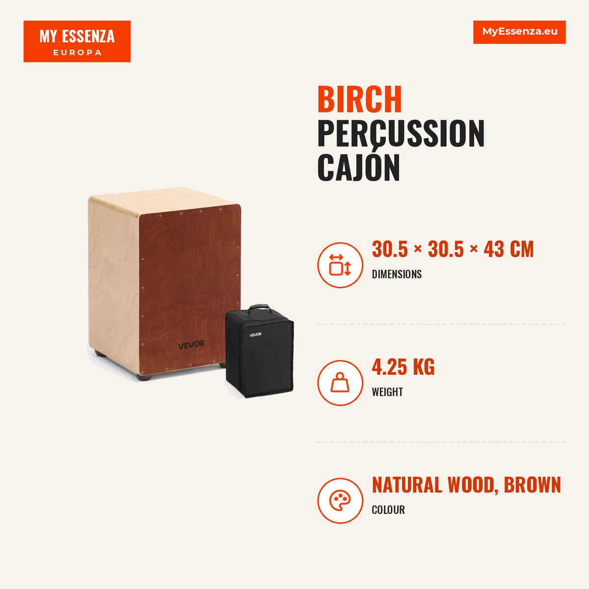 Cajón caixa percussão birch, 305×305×430 mm, fios internos, portátil — Infografia | Infographic — dimensions
