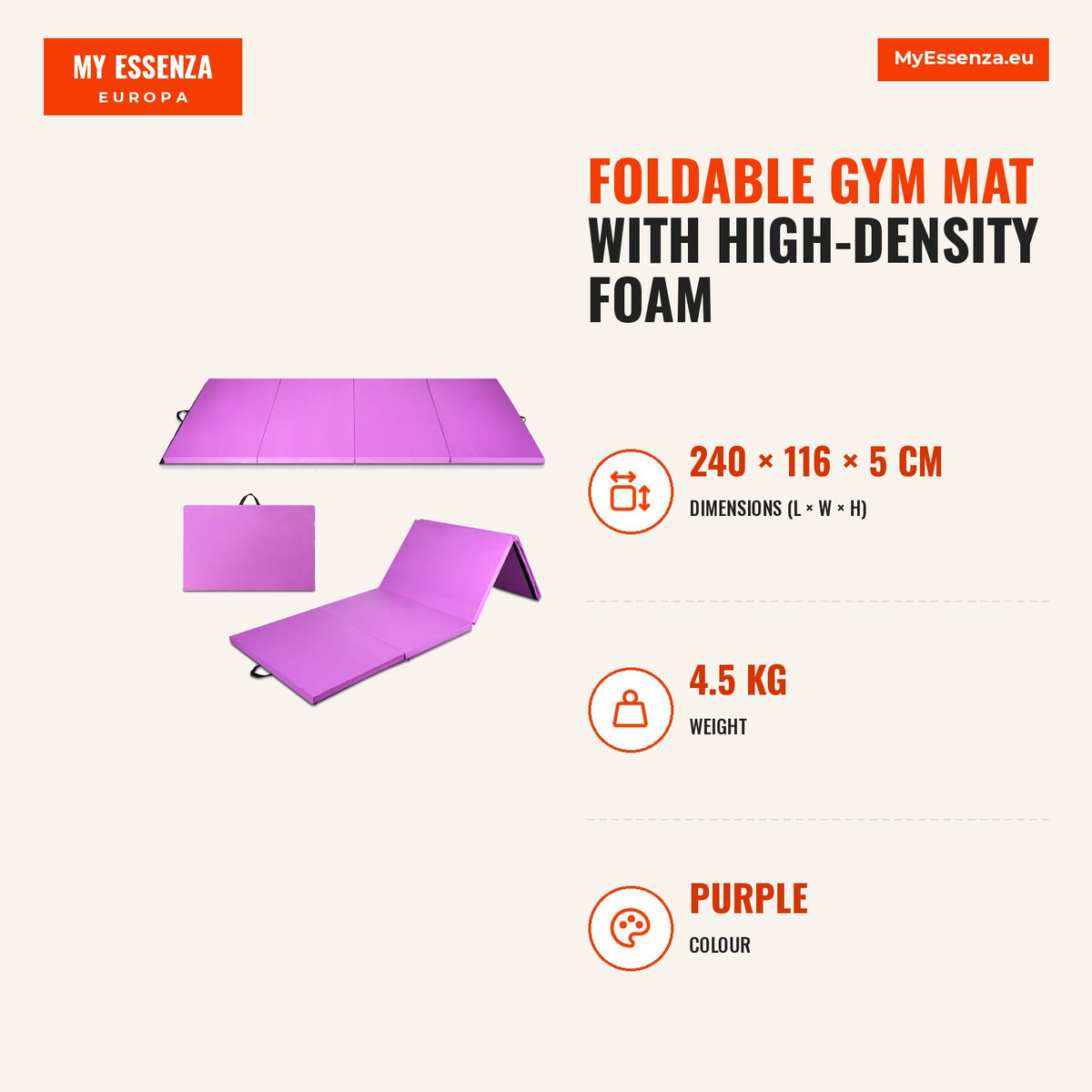 Tapete de Ginásio Dobrável com Espuma de Alta Densidade e Alças de Transporte Roxo — Infografia | Infographic — dimensions