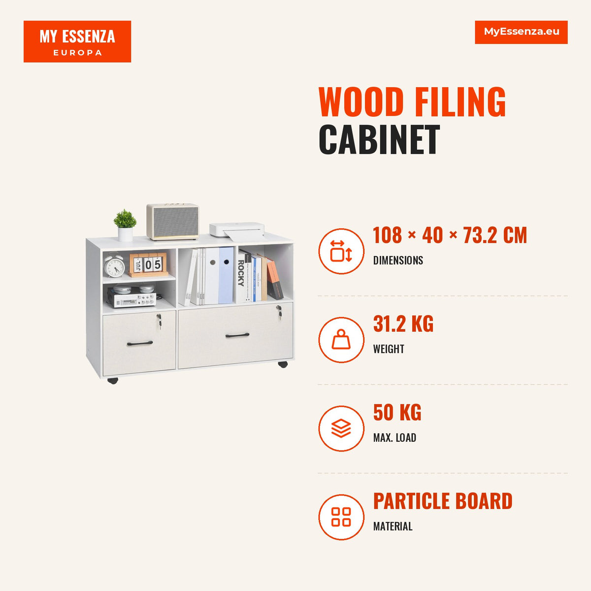 Ficheiro madeira 2 gavetas móvel rodas branco — Infografia | Infographic — dimensions