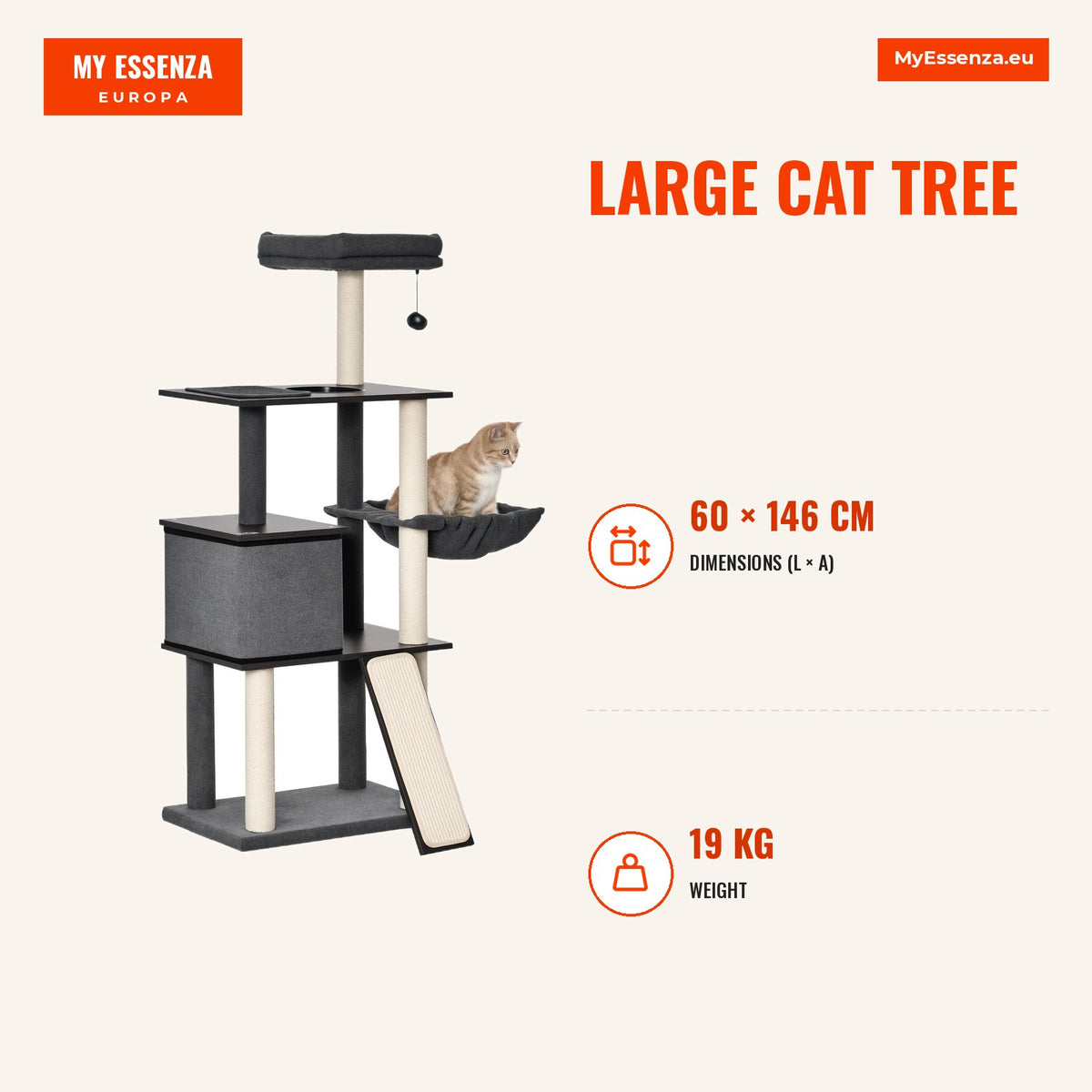 Árvore para Gatos Grande Altura 146cm com Plataformas Caverna de Feltro Removível Postes Arranhadores de Sisal Rede Almofadas Laváveis Rampa e Bola de — Infografia | Infographic — dimensions