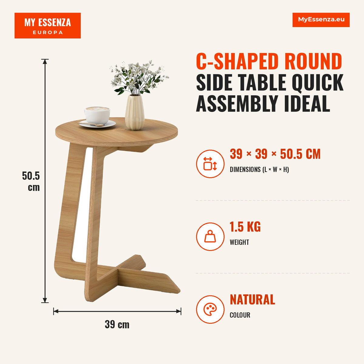 Mesa Auxiliar em Forma de C Mesa Redonda com Montagem Rápida Ideal para Espaços Pequenos Sala, Quarto Ø39x50,5 cm Madeira — Infografia | Infographic — dimensions