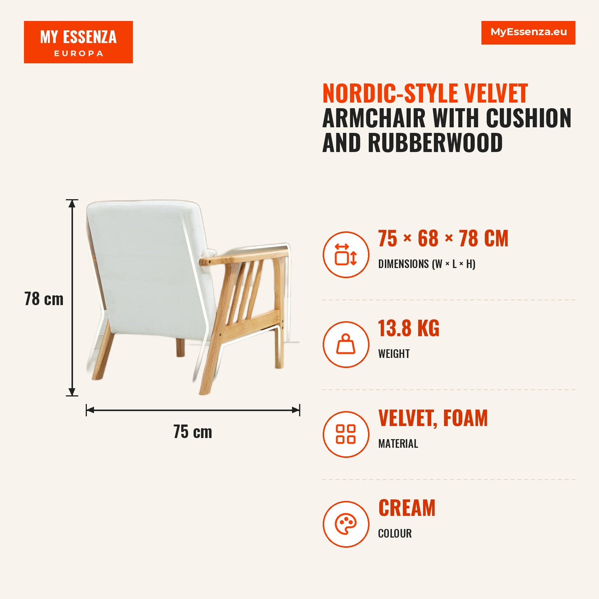 Poltrona de Sala de Estar Poltrona de Estilo Nórdico Estofado em Veludo com Almofada e Pés de Madeira de Borracha para Escritório Dormitório 68x75x78  — Infografia | Infographic — dimensions