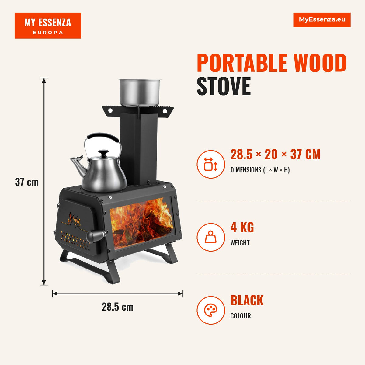 Estufa a Lenha Portátil com 2 Posições de Cozimento e Janela de Vidro Resistente ao Calor para Camping — Infografia | Infographic — dimensions